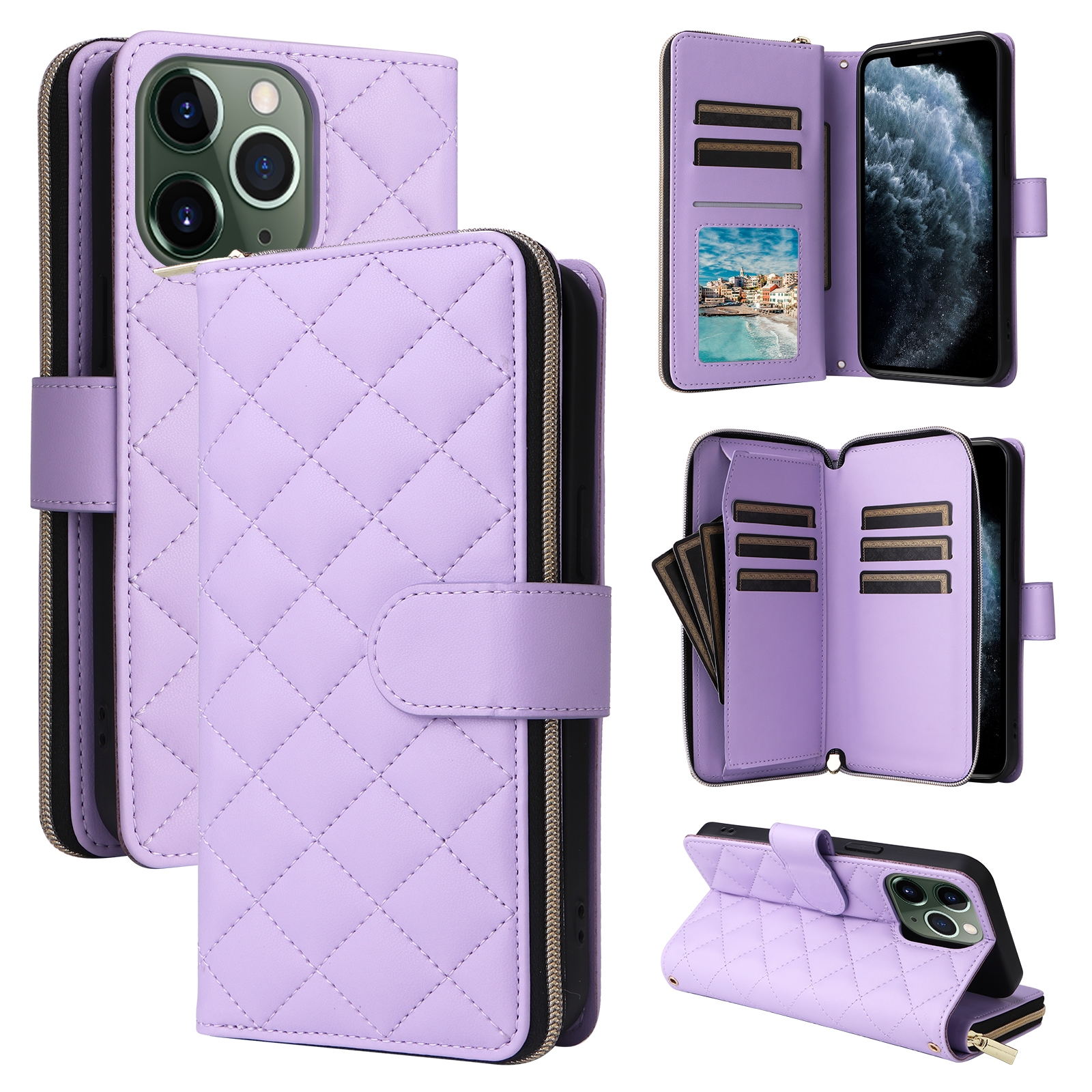 For iPhone 11 Pro Max Crossbody Rhombic Zipper Tower Buckle Leather Phone Case with Lanyard(Purple) - Shopkiz.com