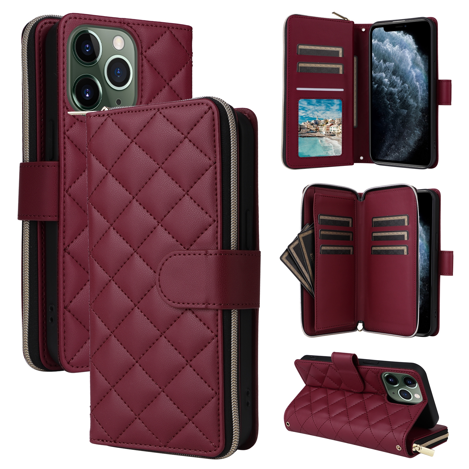 For iPhone 11 Pro Max Crossbody Rhombic Zipper Tower Buckle Leather Phone Case with Lanyard(Wine Red) - Shopkiz.com