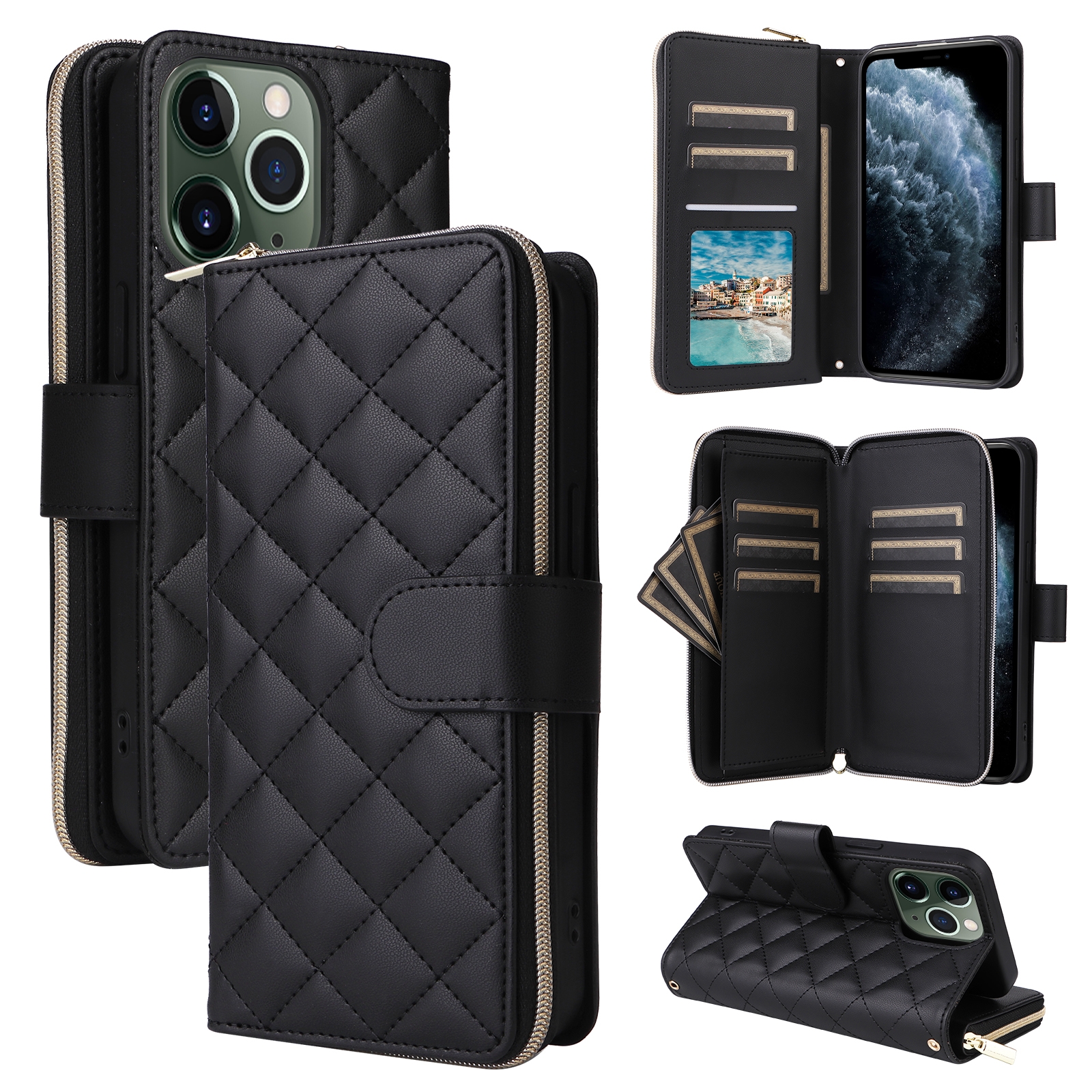 For iPhone 11 Pro Max Crossbody Rhombic Zipper Tower Buckle Leather Phone Case with Lanyard(Black) - Shopkiz.com