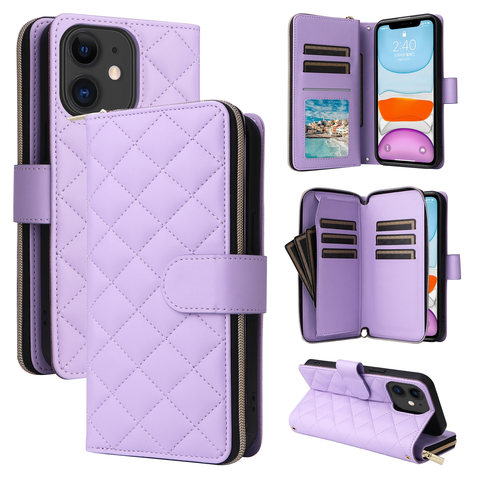 For iPhone 11 Crossbody Rhombic Zipper Tower Buckle Leather Phone Case with Lanyard(Purple) - Shopkiz.com