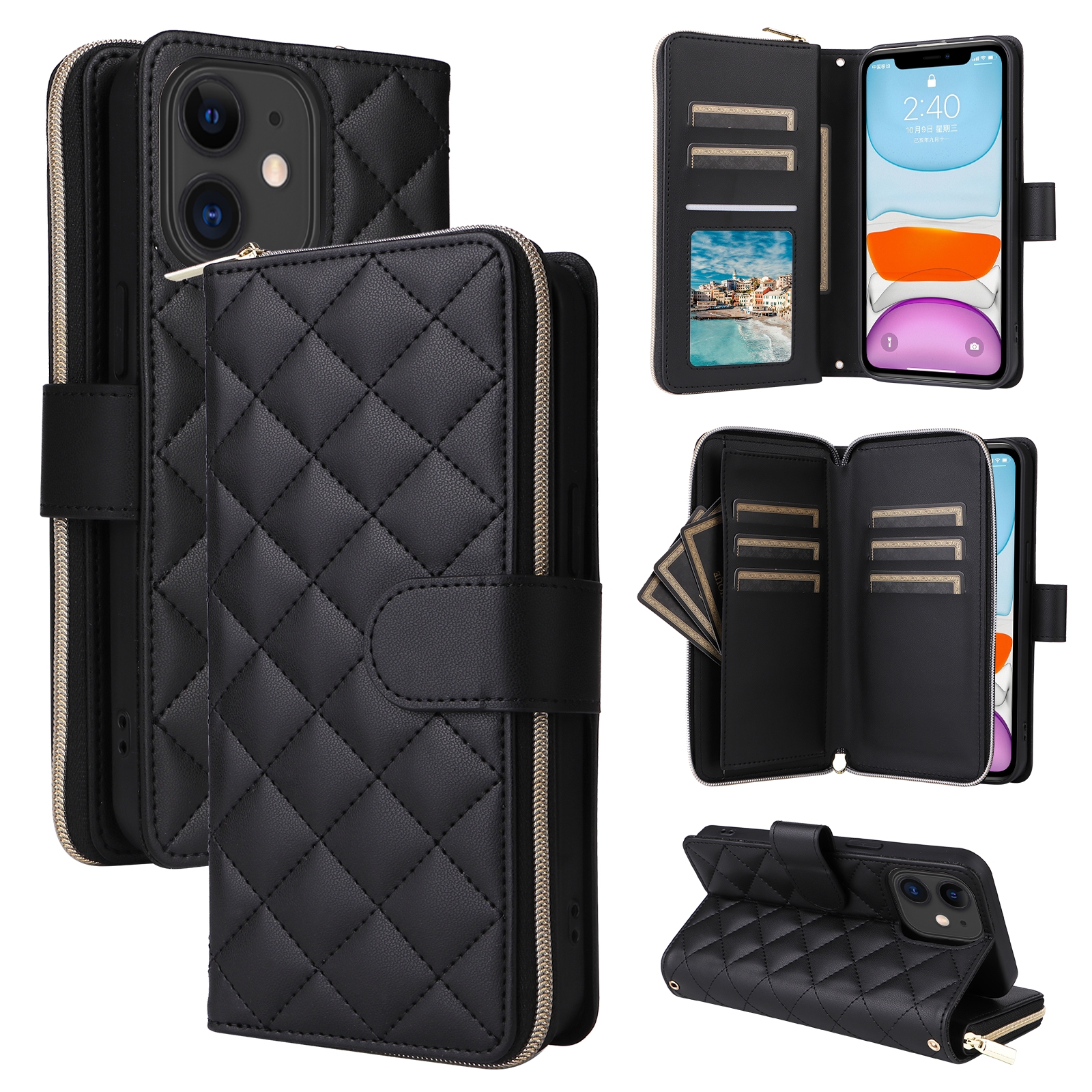 For iPhone 11 Crossbody Rhombic Zipper Tower Buckle Leather Phone Case with Lanyard(Black) - Shopkiz.com