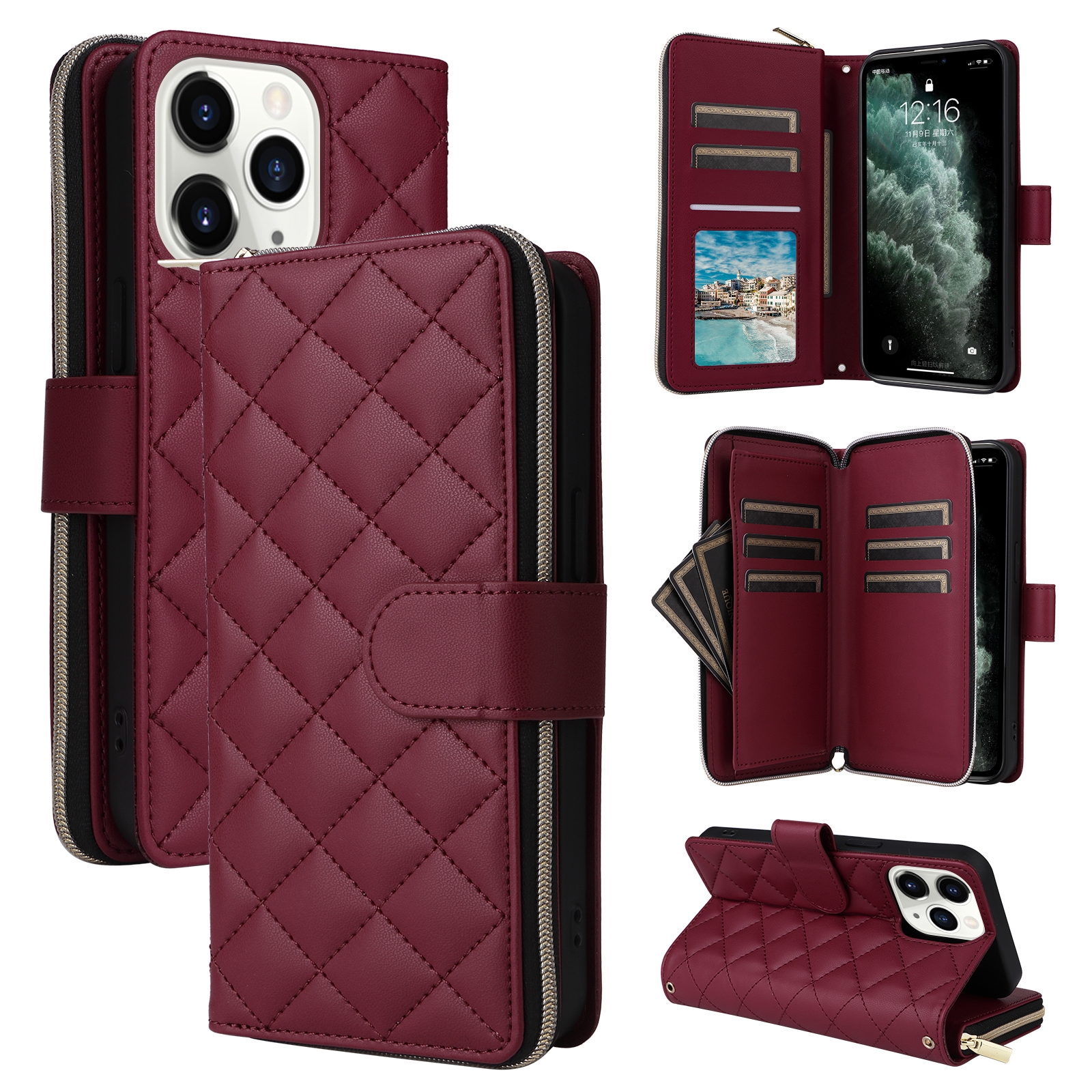 For iPhone 11 Pro Crossbody Rhombic Zipper Tower Buckle Leather Phone Case with Lanyard(Wine Red) - Shopkiz.com