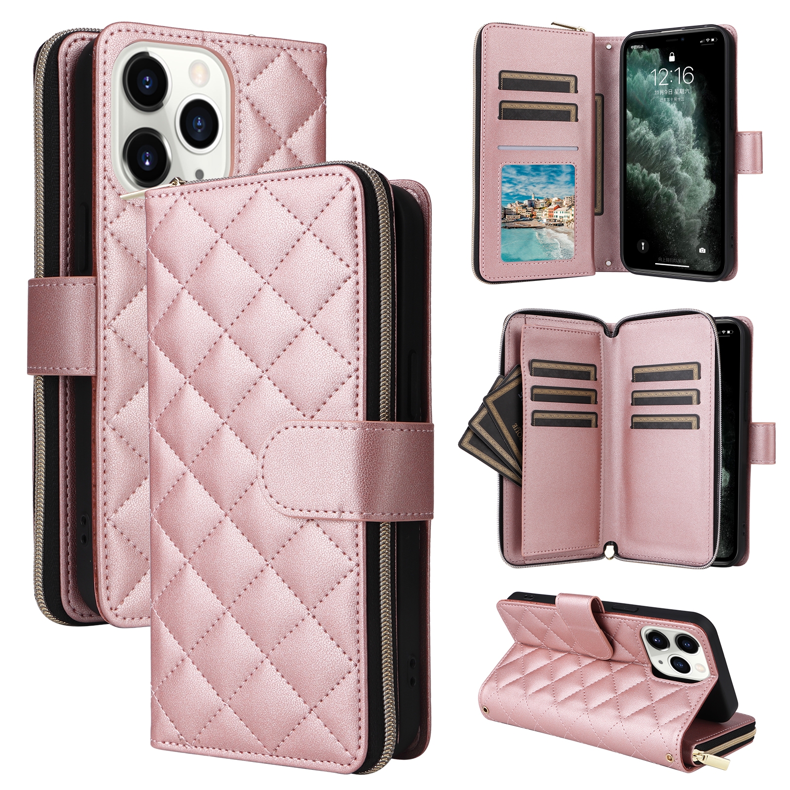 For iPhone 11 Pro Crossbody Rhombic Zipper Tower Buckle Leather Phone Case with Lanyard(Rose Gold) - Shopkiz.com
