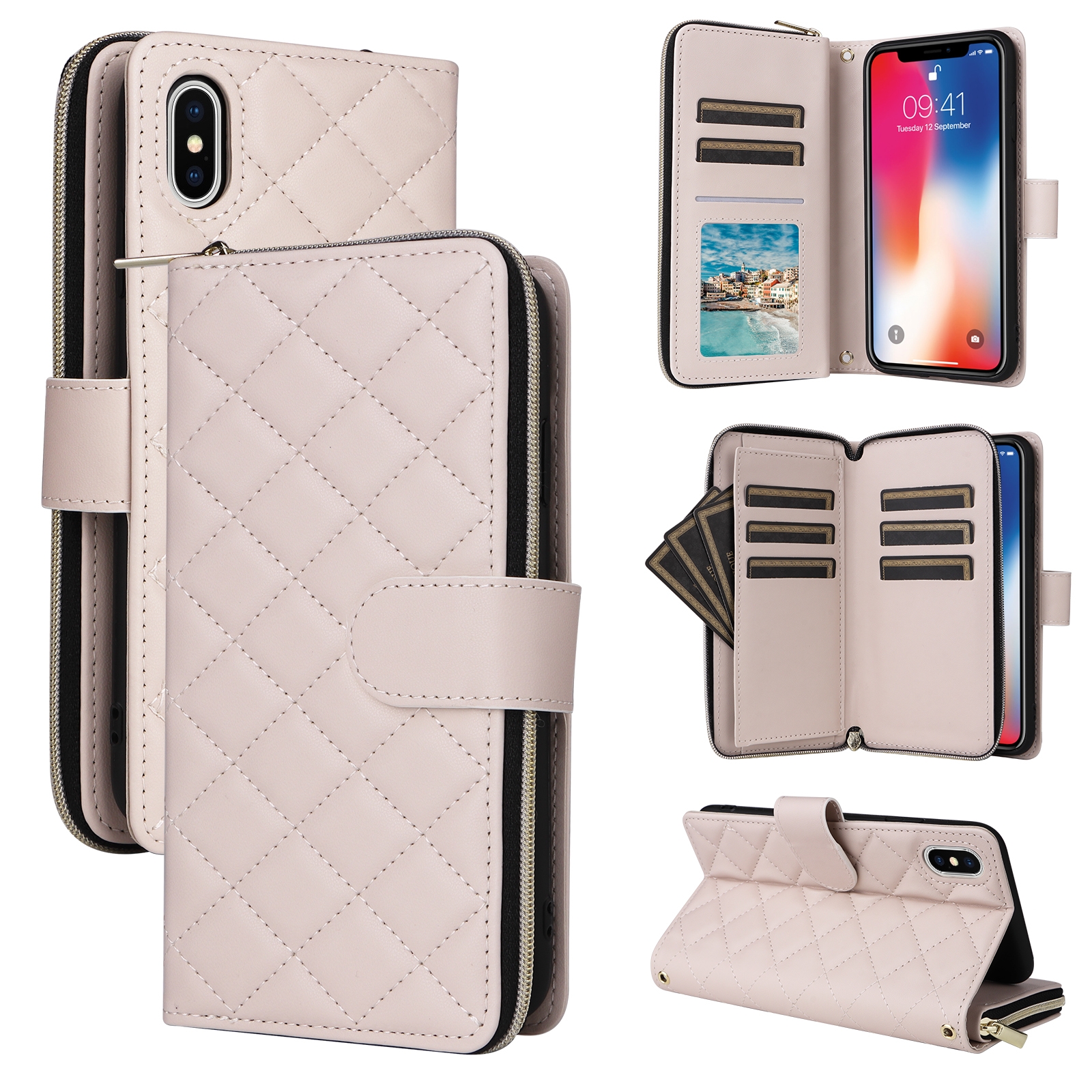 For iPhone X / XS Crossbody Rhombic Zipper Tower Buckle Leather Phone Case with Lanyard(Beige) - Shopkiz.com