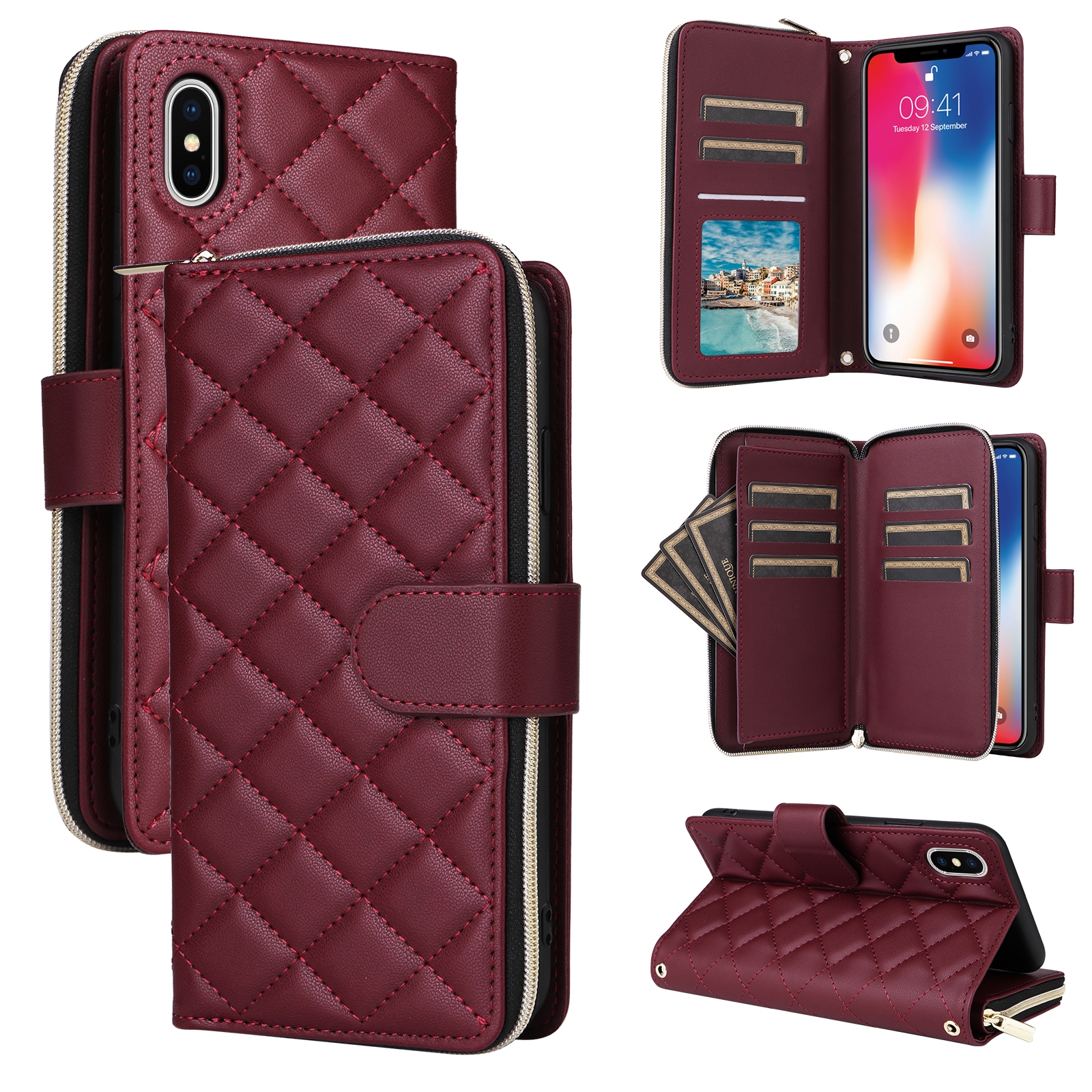 For iPhone X / XS Crossbody Rhombic Zipper Tower Buckle Leather Phone Case with Lanyard(Wine Red) - Shopkiz.com