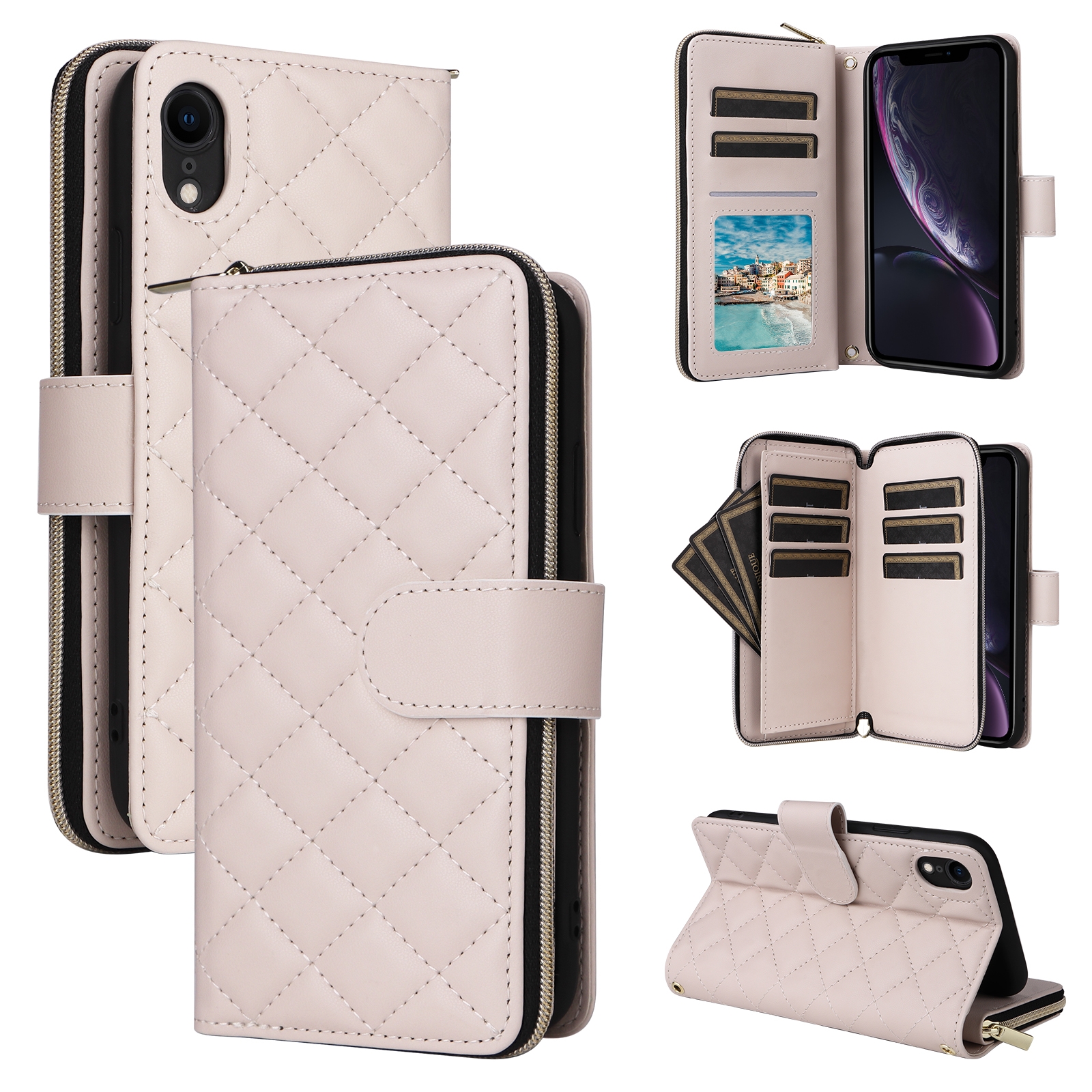 For iPhone XR Crossbody Rhombic Zipper Tower Buckle Leather Phone Case with Lanyard(Beige) - Shopkiz.com