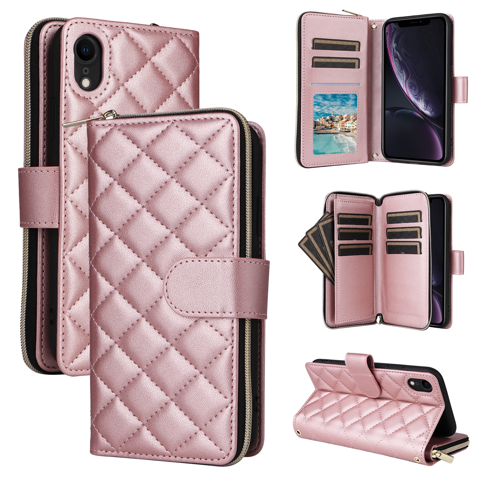 For iPhone XR Crossbody Rhombic Zipper Tower Buckle Leather Phone Case with Lanyard(Rose Gold) - Shopkiz.com