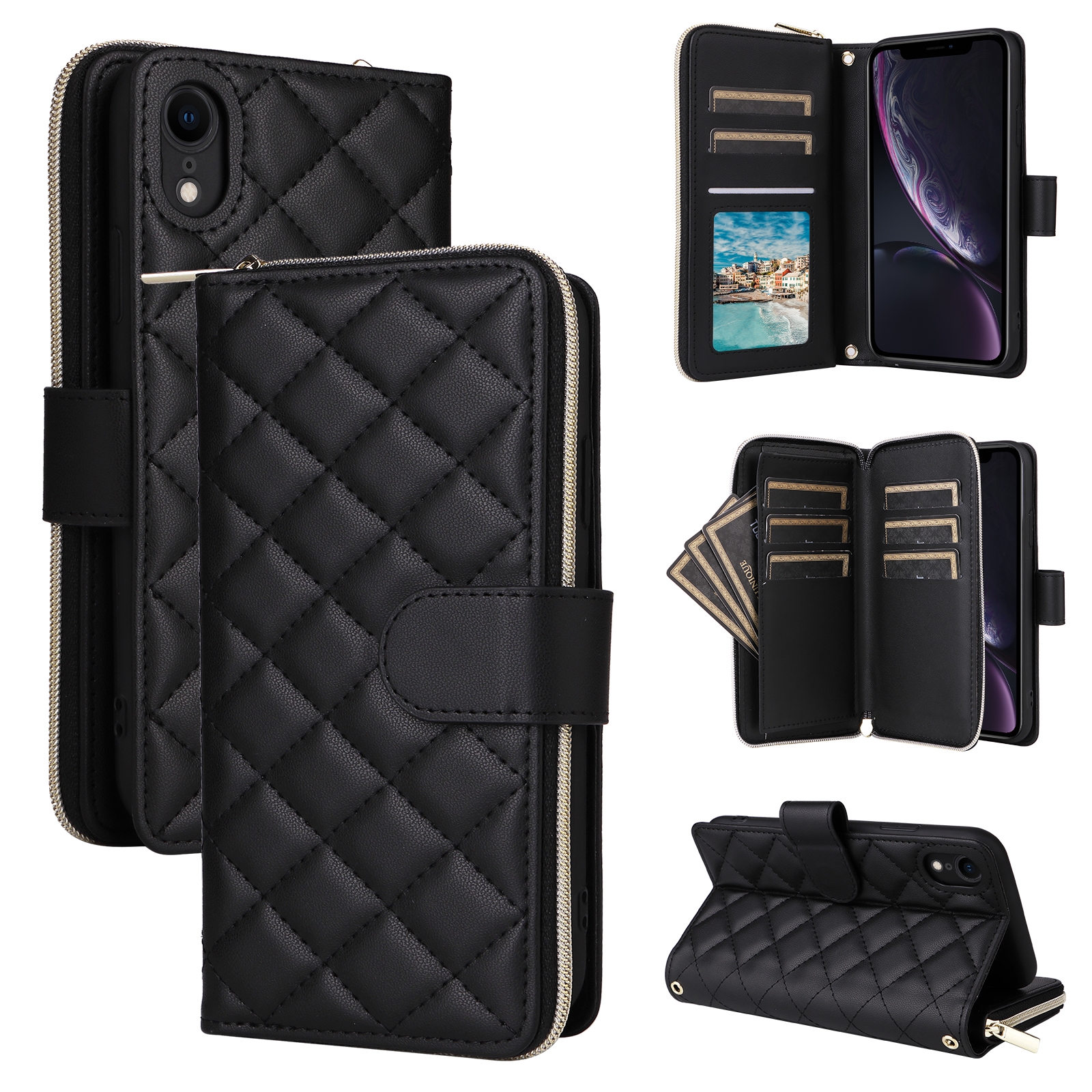 For iPhone XR Crossbody Rhombic Zipper Tower Buckle Leather Phone Case with Lanyard(Black) - Shopkiz.com