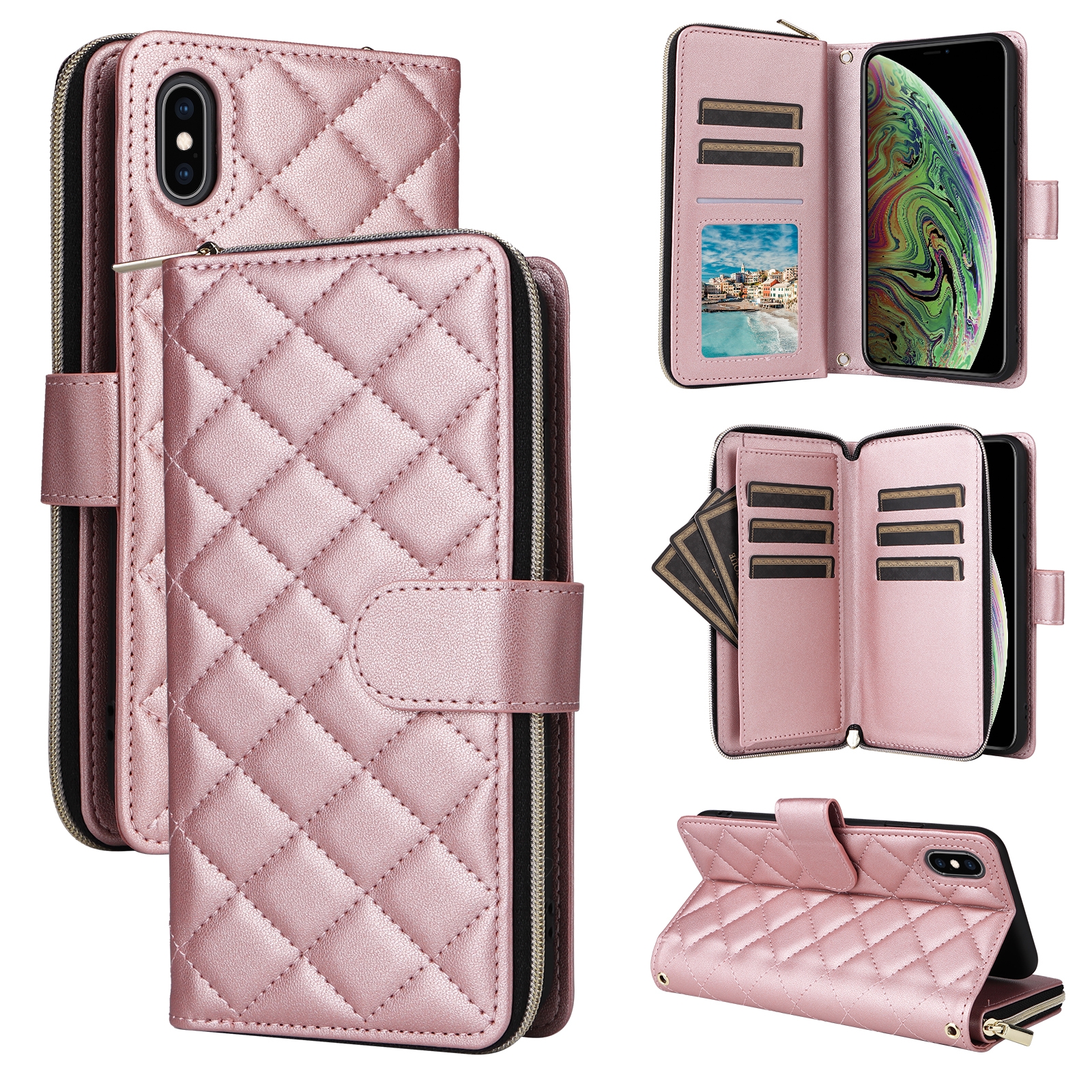 For iPhone XS Max Crossbody Rhombic Zipper Tower Buckle Leather Phone Case with Lanyard(Rose Gold) - Shopkiz.com