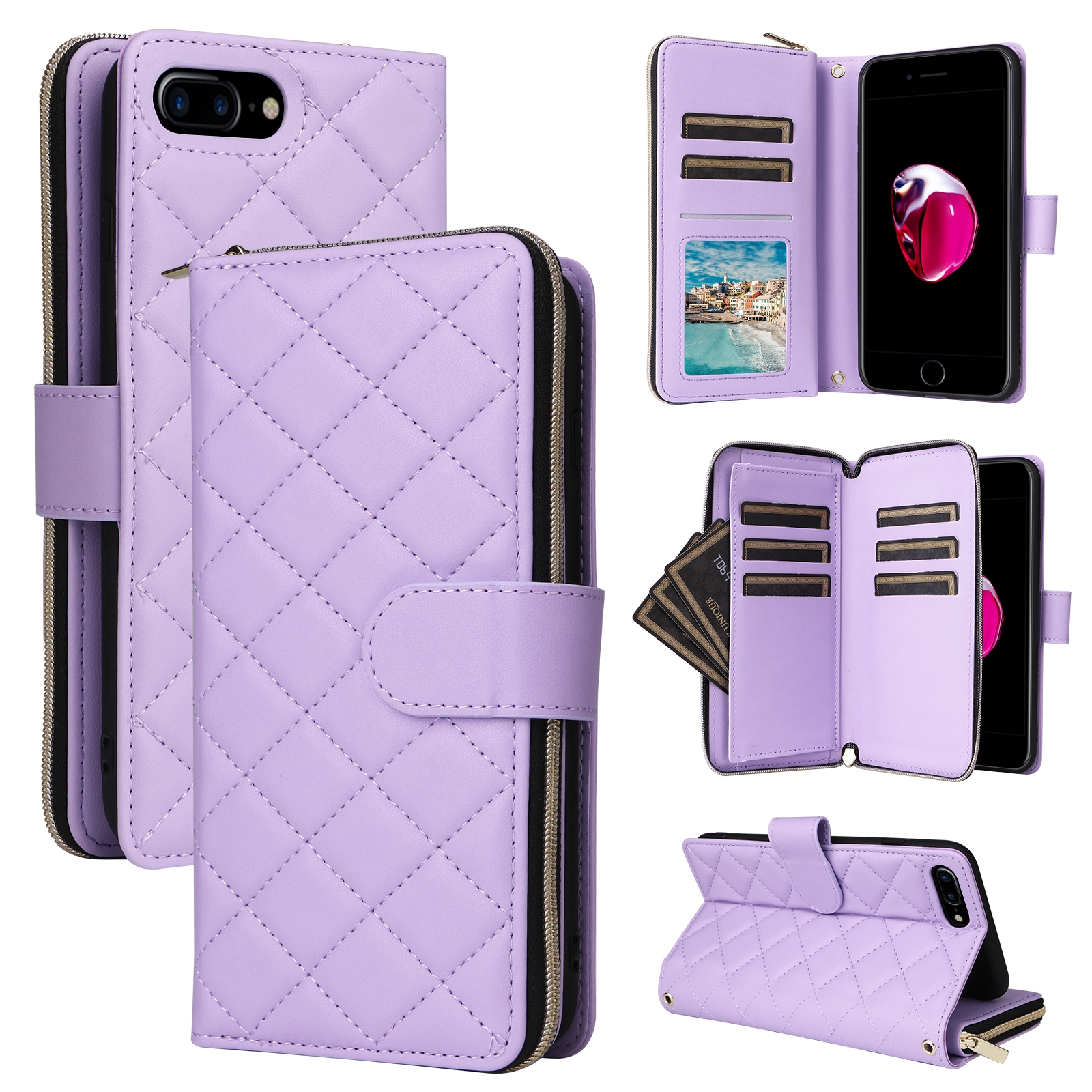 For iPhone 8 Plus / 7 Plus Crossbody Rhombic Zipper Tower Buckle Leather Phone Case with Lanyard(Purple) - Shopkiz.com