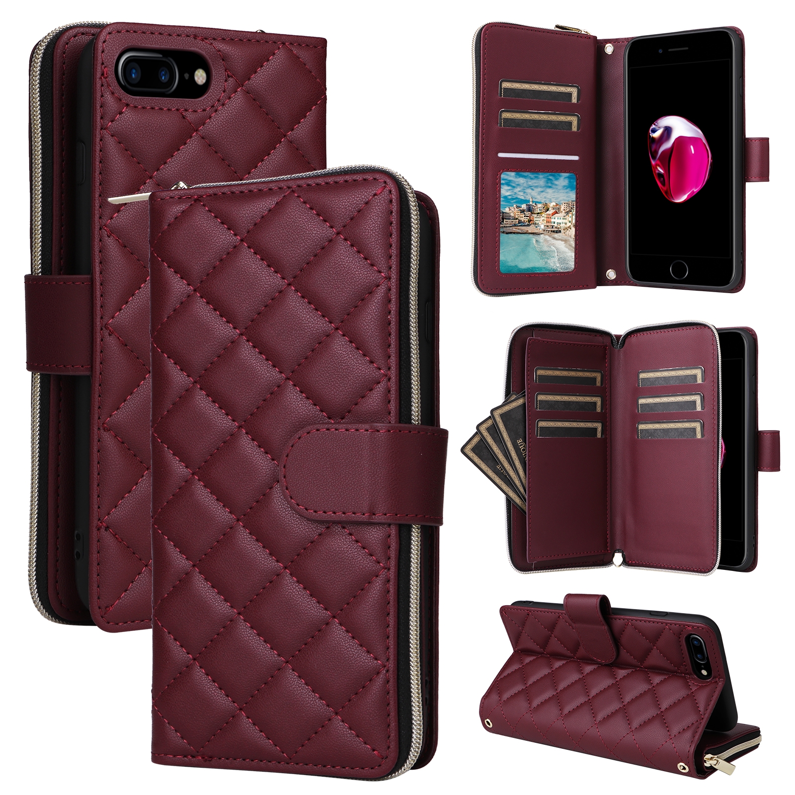 For iPhone 8 Plus / 7 Plus Crossbody Rhombic Zipper Tower Buckle Leather Phone Case with Lanyard(Wine Red) - Shopkiz.com