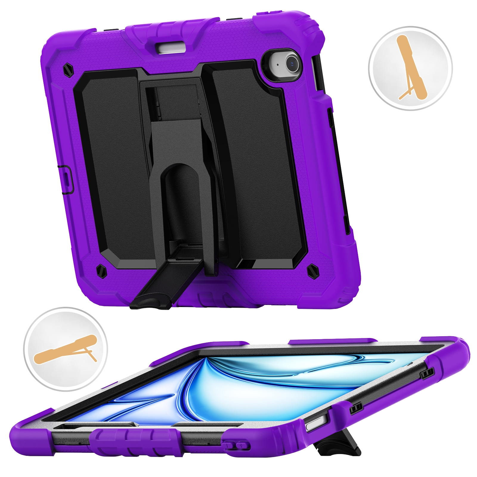 For iPad Air 11 2026 / 2025 / 2024 Silicone Hydric PC Tablet Case with Shoulder Strap & Holder(Purple) - Shopkiz.com