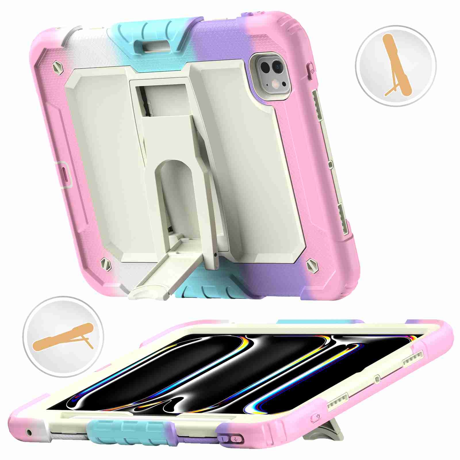 For iPad Pro 11 2025 / 2024 Silicone Hydric PC Tablet Case with Shoulder Strap & Holder(Camouflage Pink) - Shopkiz.com