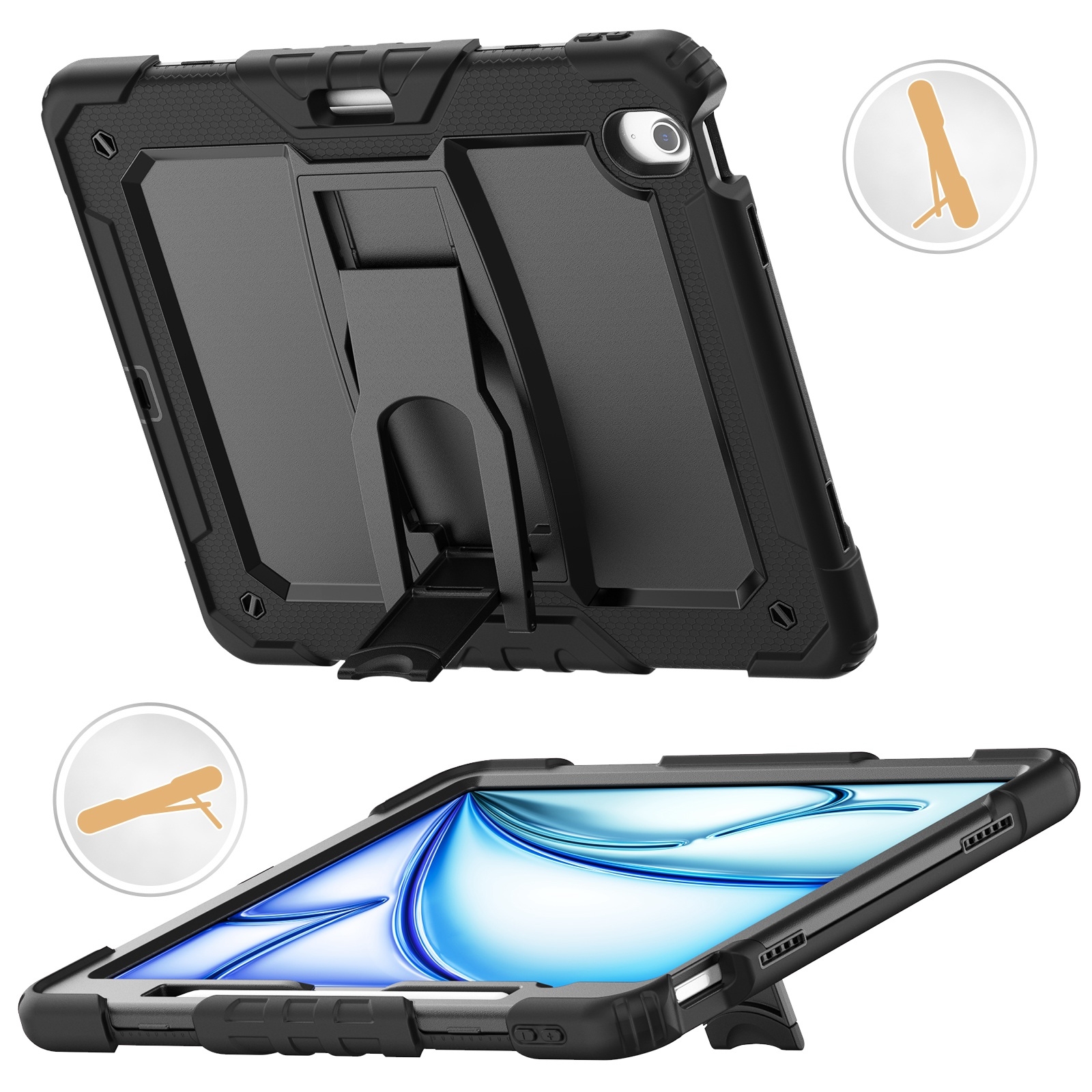 For iPad Air 13 2026 / 2025 / 2024 Silicone Hydric PC Tablet Case with Shoulder Strap & Holder(Black) - Shopkiz.com