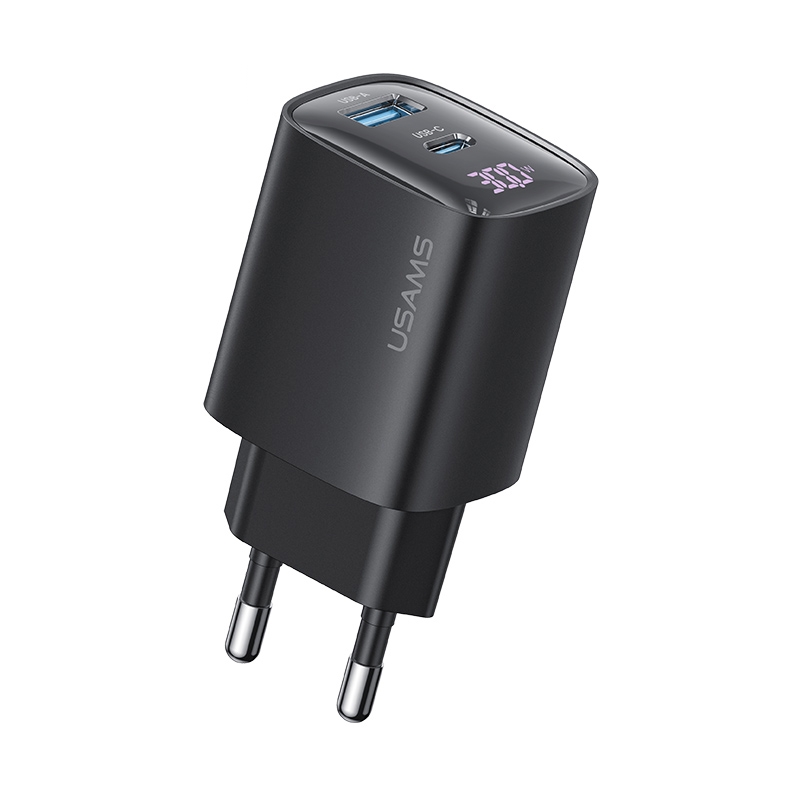 USAMS CC229 30W USB+USB-C / Type-C Dual Port GaN Digital Display Charger, Specifications: EU Plug(Black) - Shopkiz.com