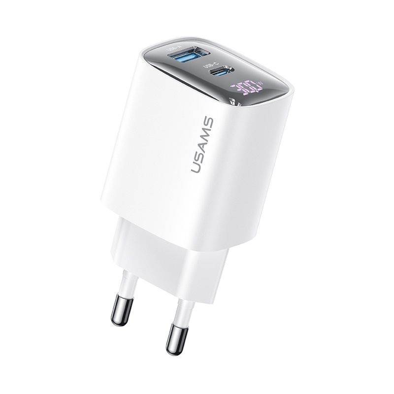 USAMS CC229 30W USB+USB-C / Type-C Dual Port GaN Digital Display Charger, Specifications: EU Plug(White) - Shopkiz.com