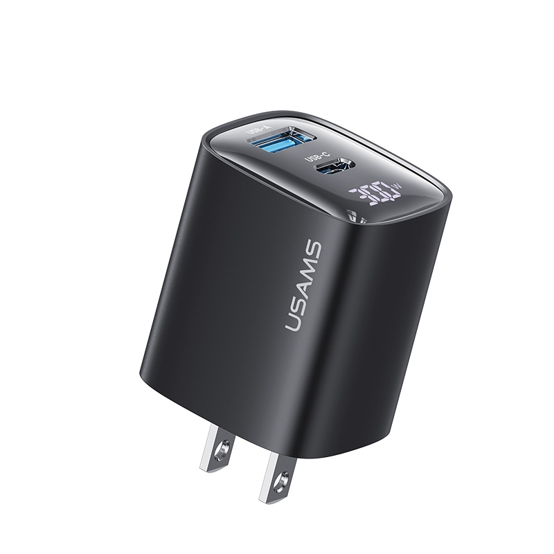 USAMS CC230 30W USB+USB-C / Type-C Dual Port GaN Digital Display Charger, Specifications: US Plug(Black) - Shopkiz.com