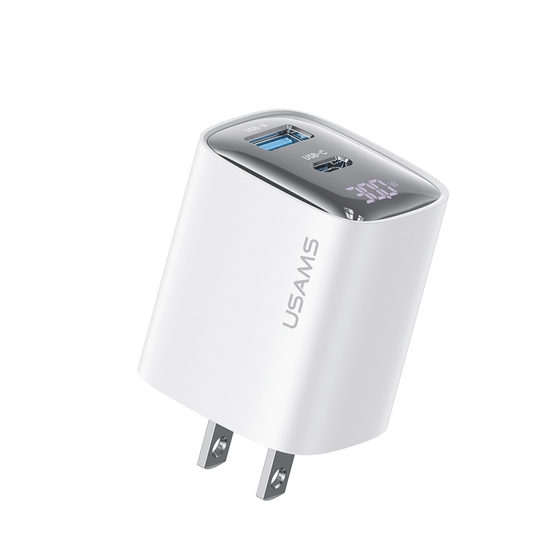 USAMS CC230 30W USB+USB-C / Type-C Dual Port GaN Digital Display Charger, Specifications: US Plug(White) - Shopkiz.com