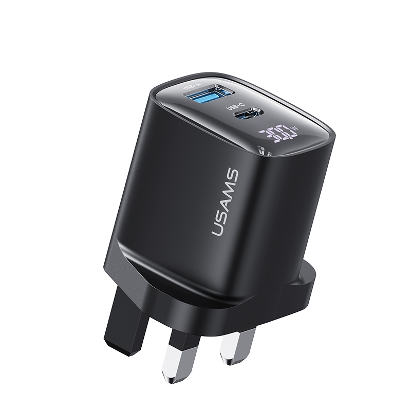 USAMS CC231 30W USB+USB-C / Type-C Dual Port GaN Digital Display Charger, Specifications: UK Plug(Black) - Shopkiz.com