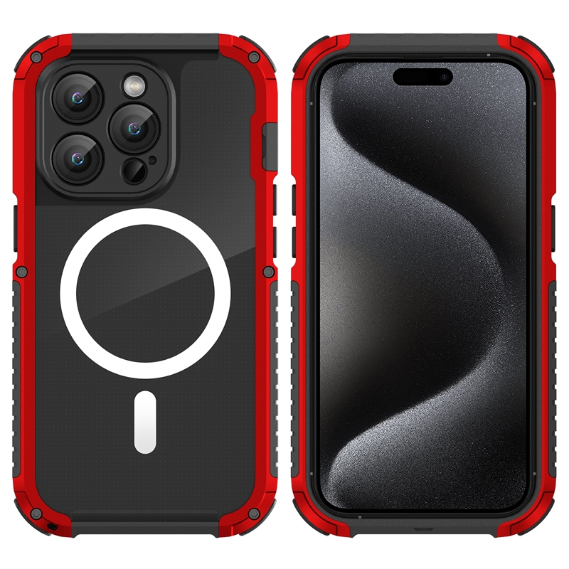 For iPhone 15 Pro MagSafe Shockproof Metal Phone Case(Red) - Shopkiz.com