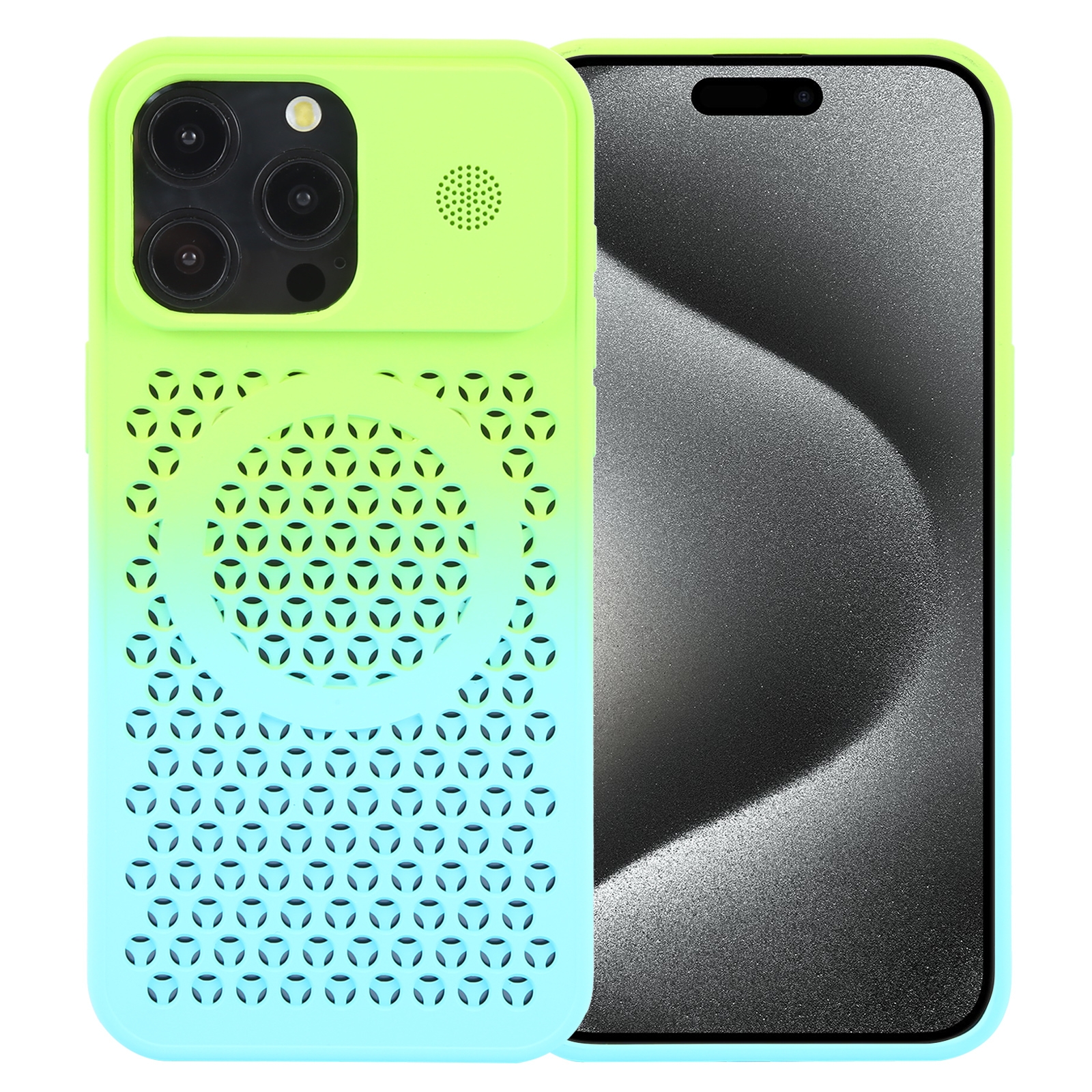For iPhone 15 Pro Gradient Color Honeycomb Aromatherapy MagSafe Phone Case(Green Blue) - Shopkiz.com