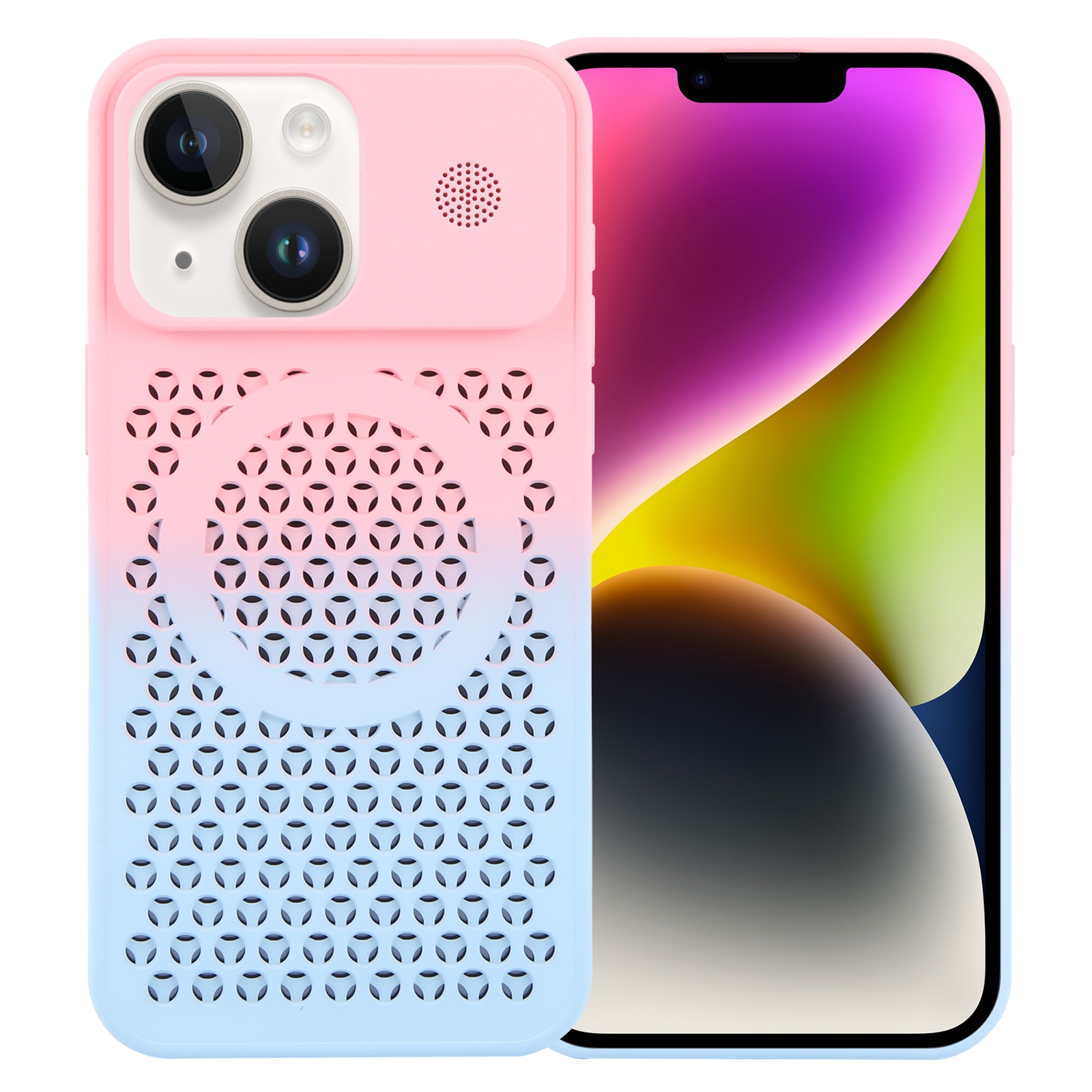 For iPhone 14 Plus Gradient Color Honeycomb Aromatherapy MagSafe Phone Case(Pink Blue) - Shopkiz.com