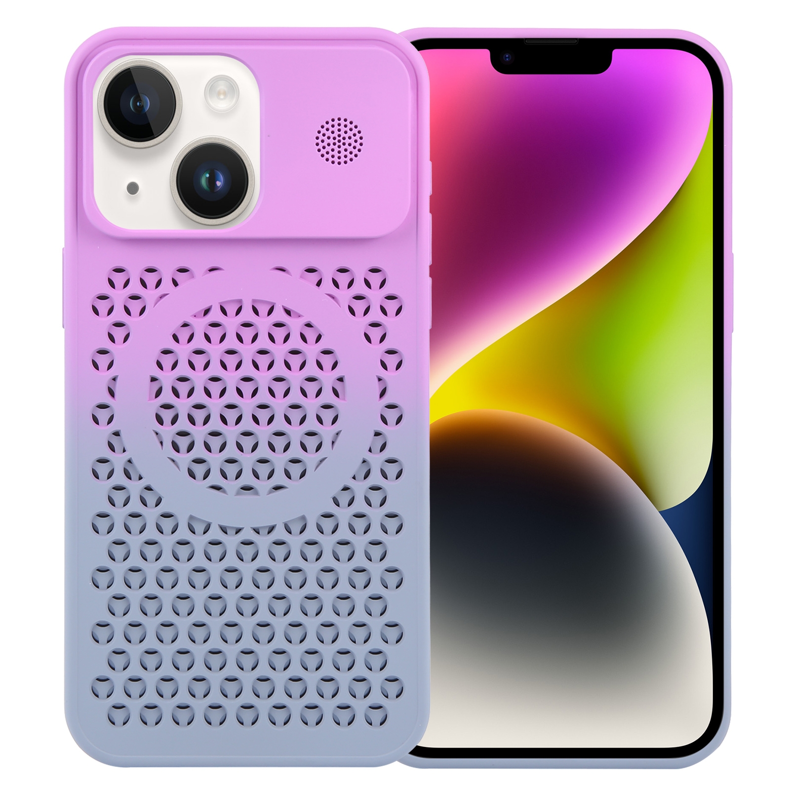 For iPhone 14 Plus Gradient Color Honeycomb Aromatherapy MagSafe Phone Case(Purple Grey) - Shopkiz.com