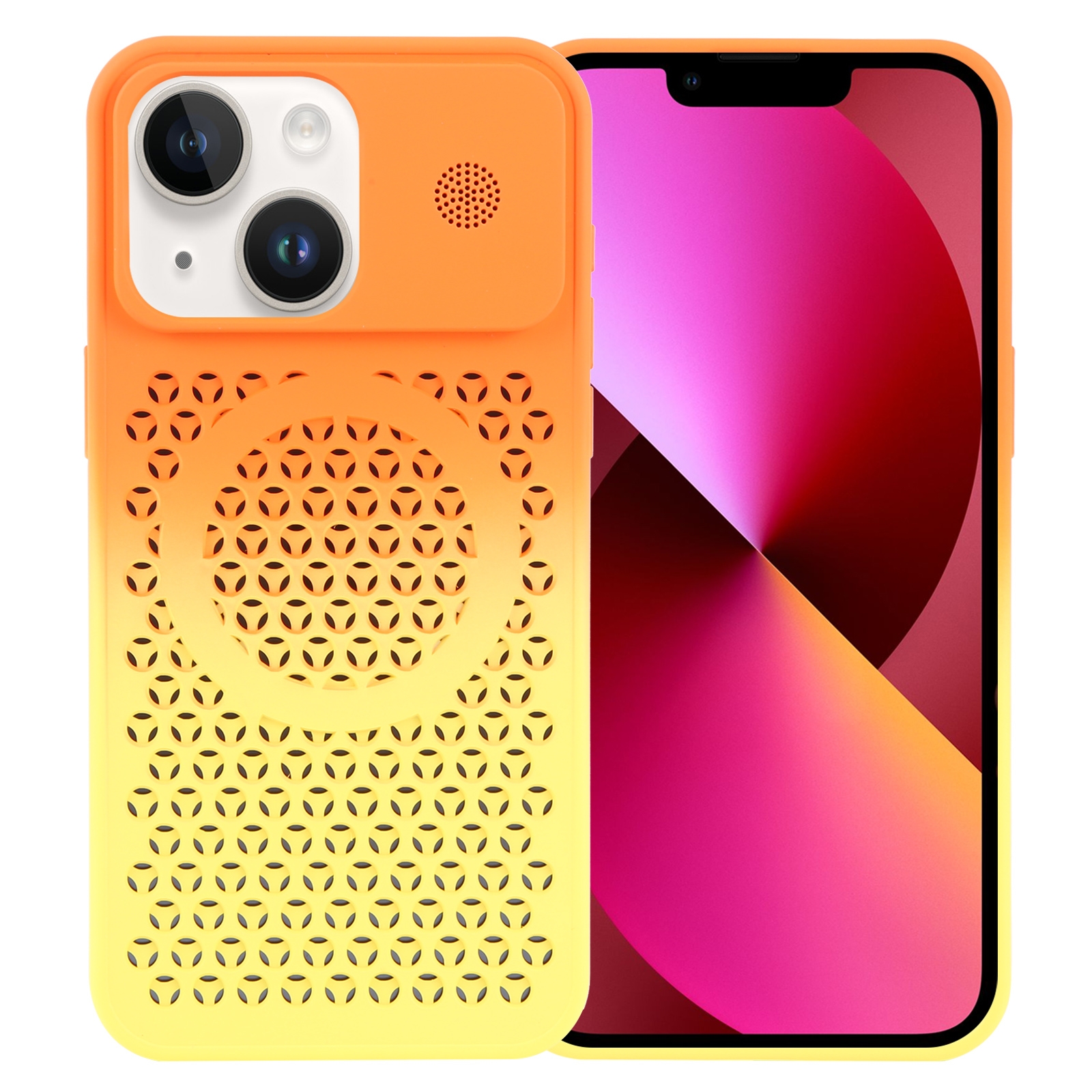 For iPhone 13 Gradient Color Honeycomb Aromatherapy MagSafe Phone Case(Orange Yellow) - Shopkiz.com