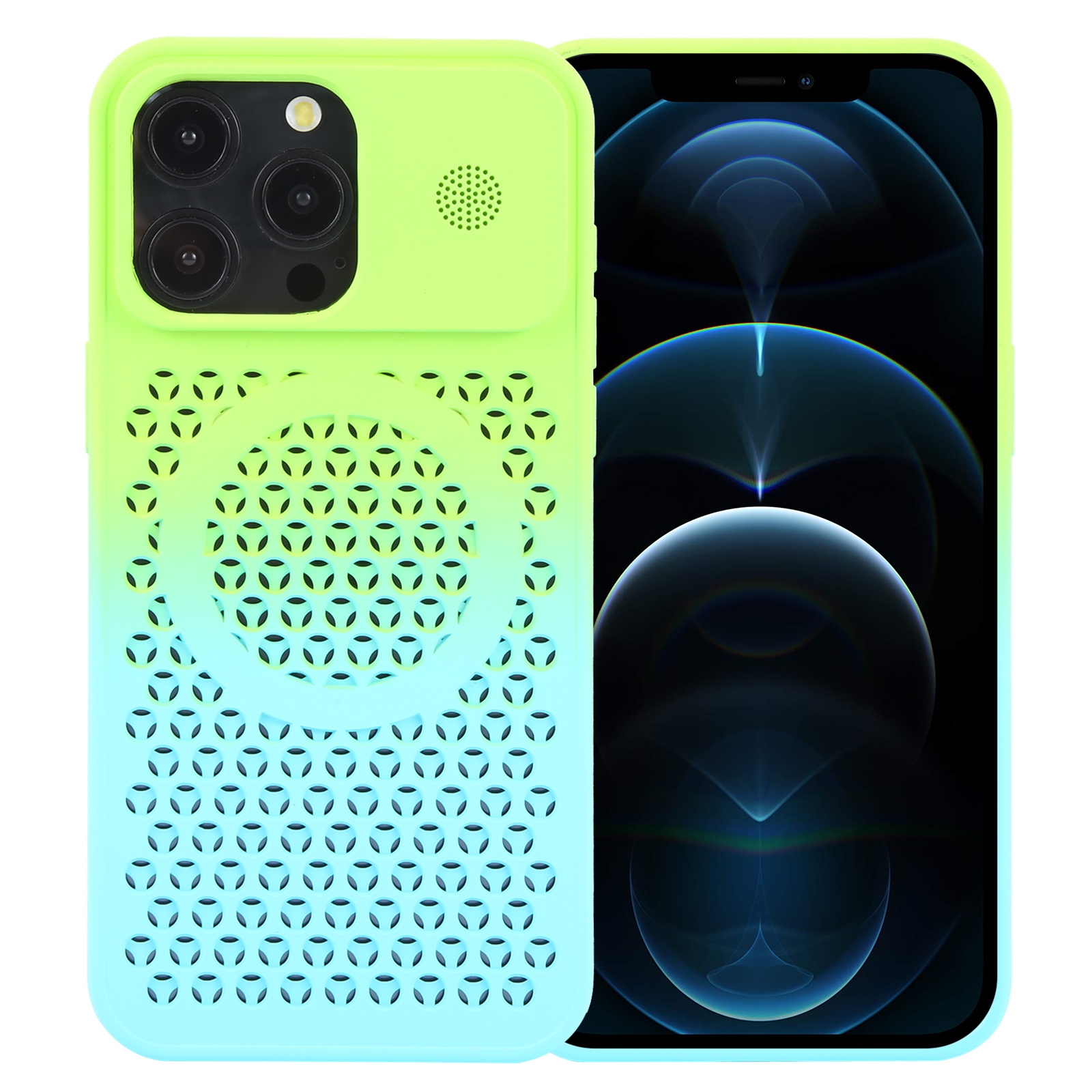 For iPhone 12 Pro Max Gradient Color Honeycomb Aromatherapy MagSafe Phone Case(Green Blue) - Shopkiz.com