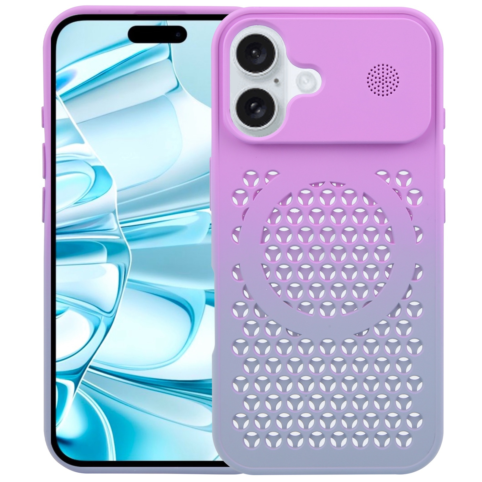 For iPhone 16 Gradient Color Honeycomb Aromatherapy MagSafe Phone Case(Purple Grey) - Shopkiz.com