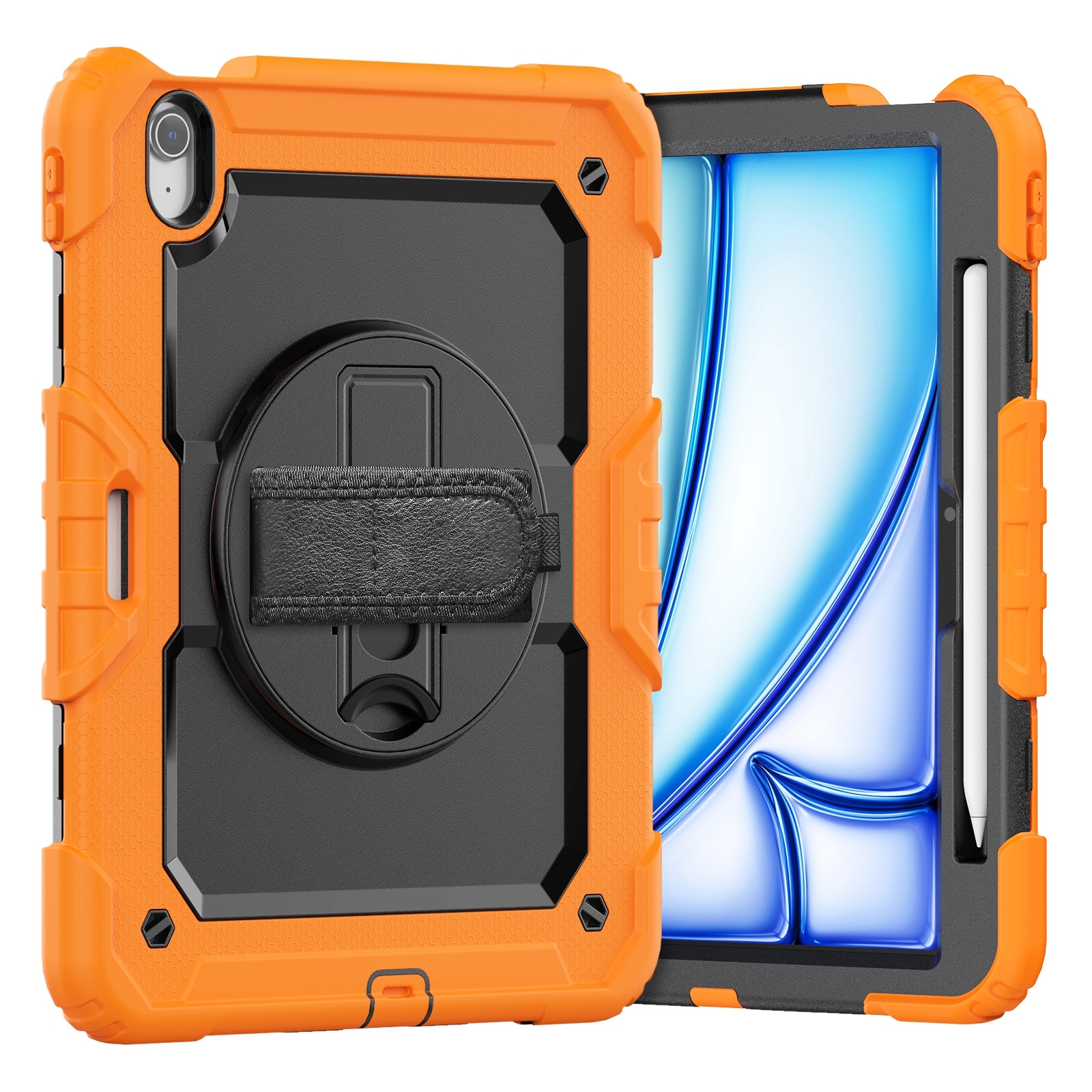 For iPad Air 11 2026 / 2025 / 2024 Turntable Holder Silicone Hybrid PC Tablet Case with Shoulder Strap(Orange) - Shopkiz.com
