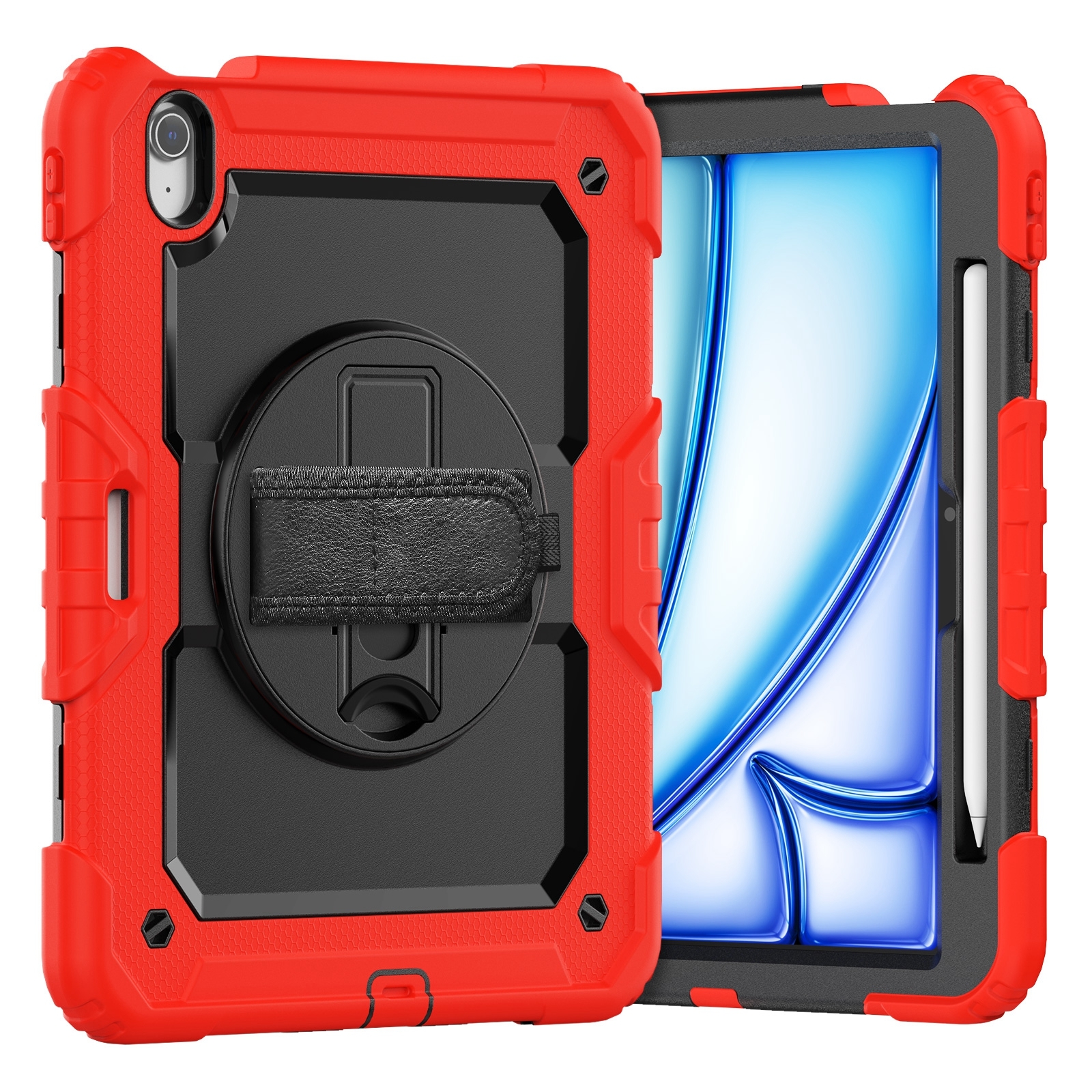 For iPad Air 11 2026 / 2025 / 2024 Turntable Holder Silicone Hybrid PC Tablet Case with Shoulder Strap(Red) - Shopkiz.com