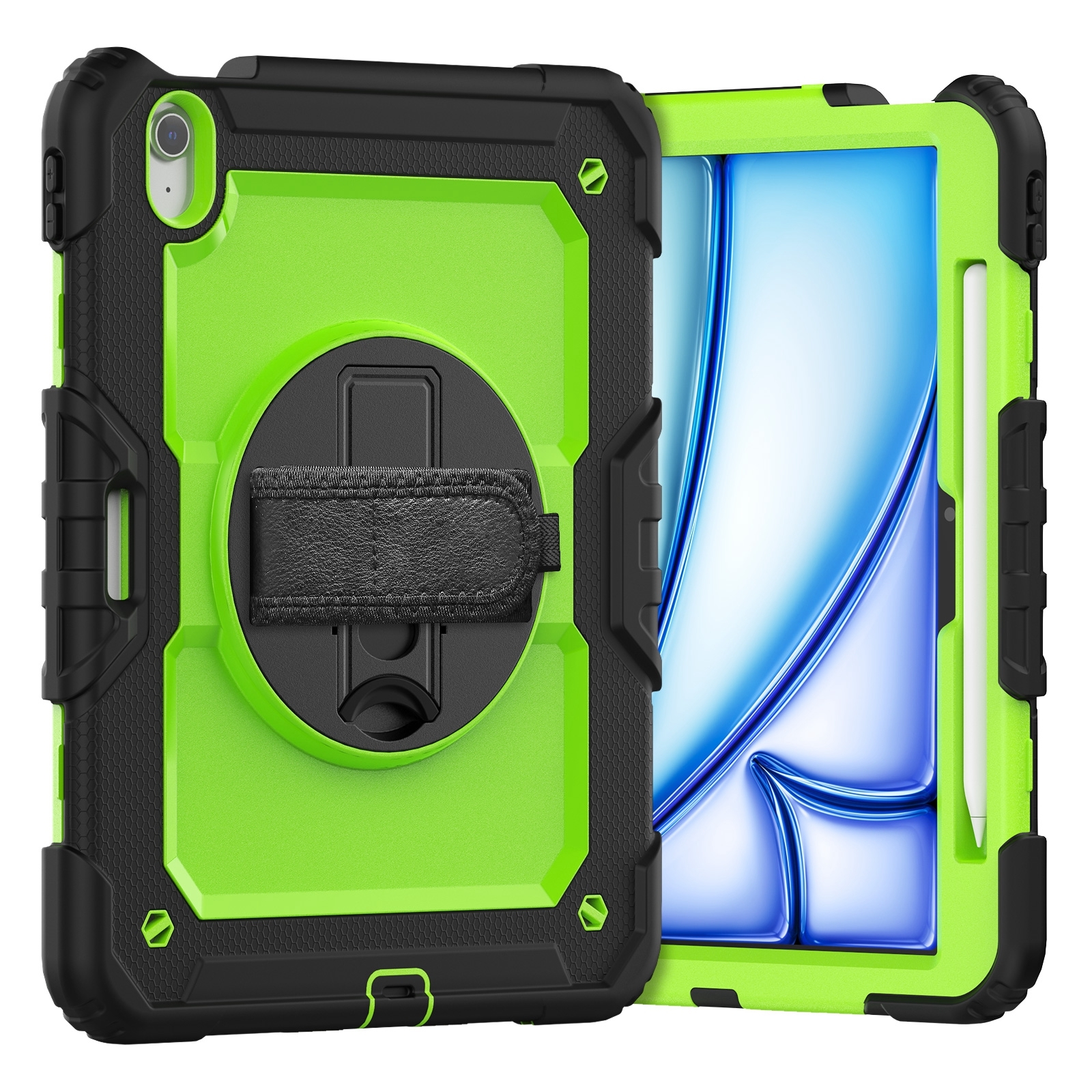 For iPad Air 11 2026 / 2025 / 2024 Turntable Holder Silicone Hybrid PC Tablet Case with Shoulder Strap(Yellow Green + Black) - Shopkiz.com