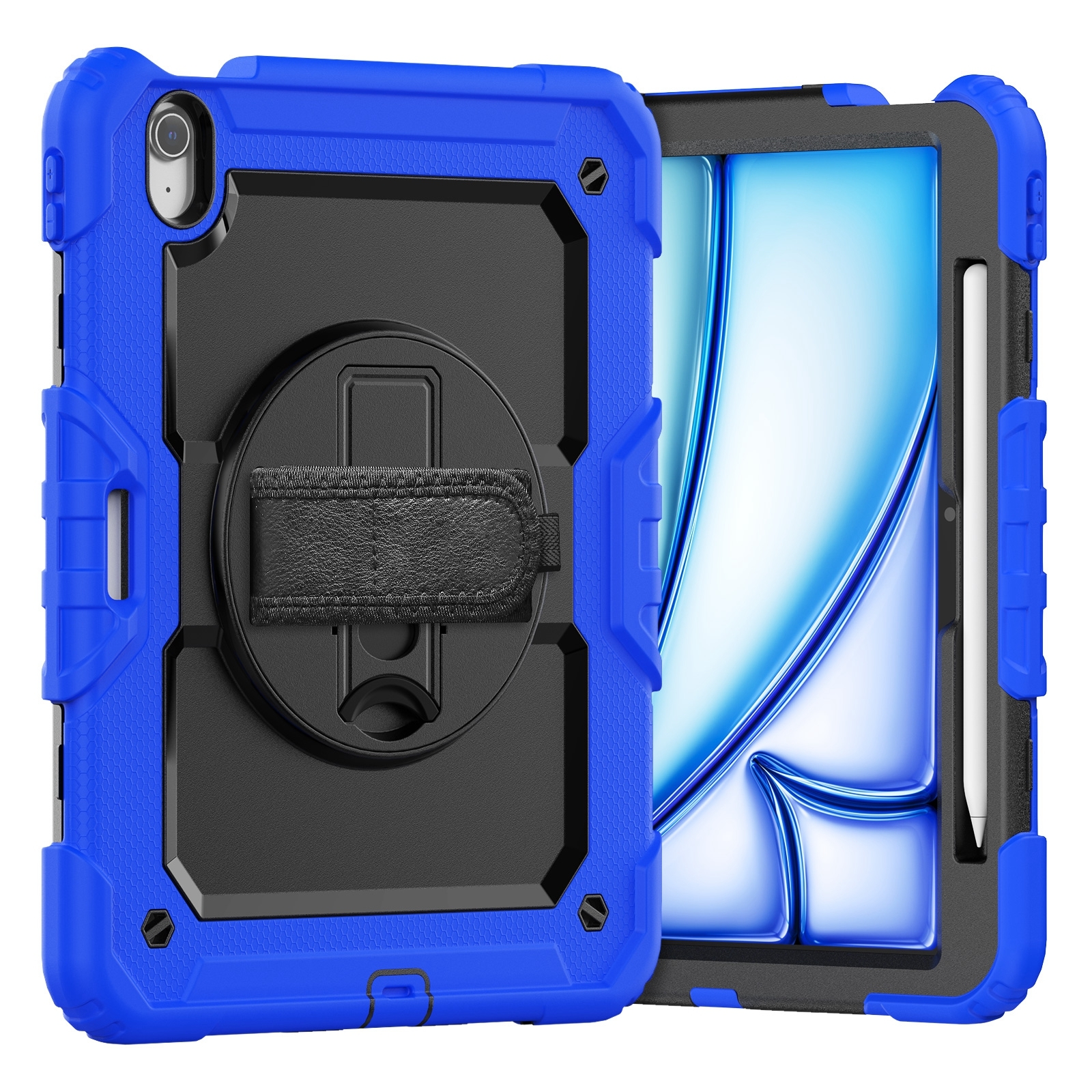 For iPad Air 11 2026 / 2025 / 2024 Turntable Holder Silicone Hybrid PC Tablet Case with Shoulder Strap(Black + Dark Blue) - Shopkiz.com