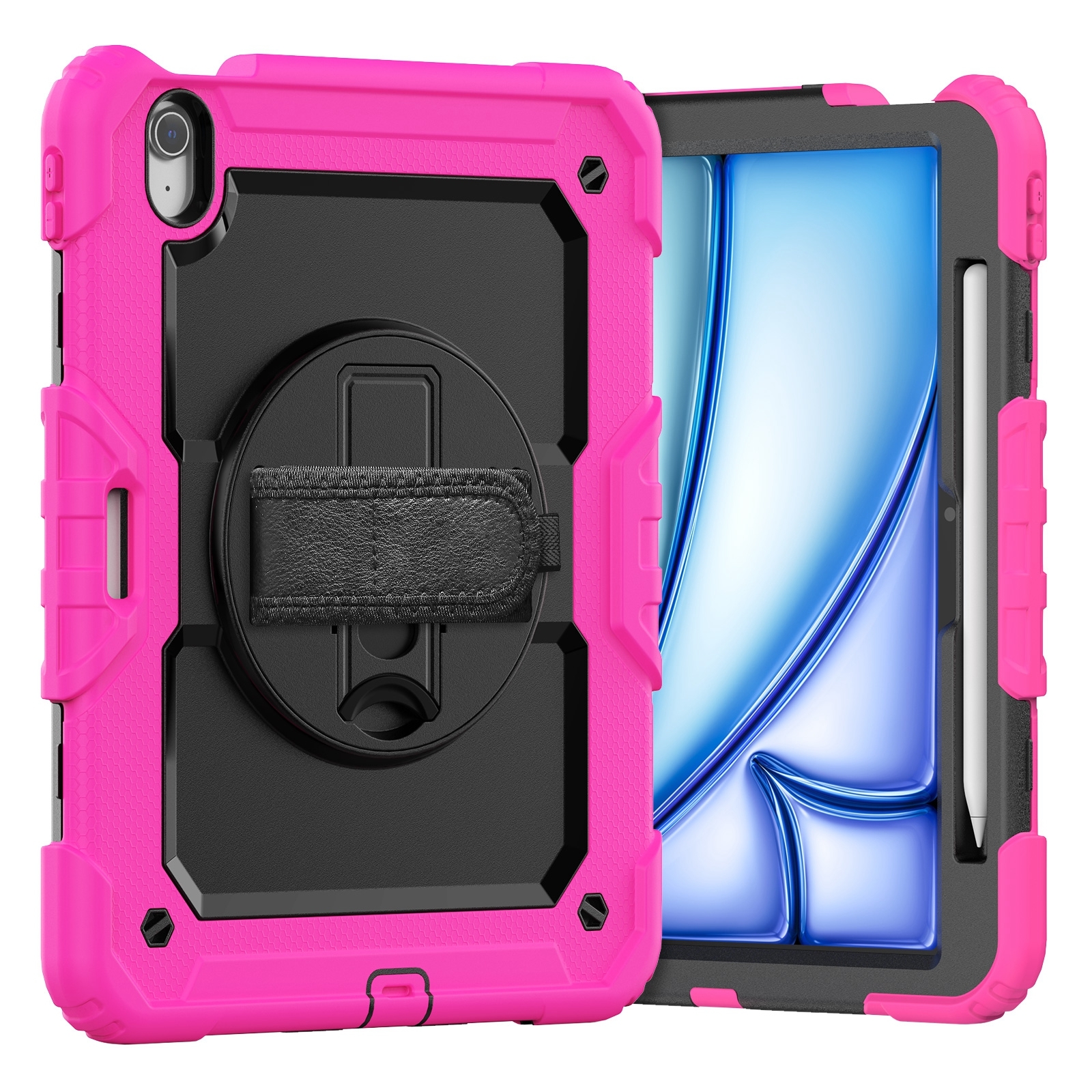 For iPad Air 11 2026 / 2025 / 2024 Turntable Holder Silicone Hybrid PC Tablet Case with Shoulder Strap(Black + Rose Red) - Shopkiz.com