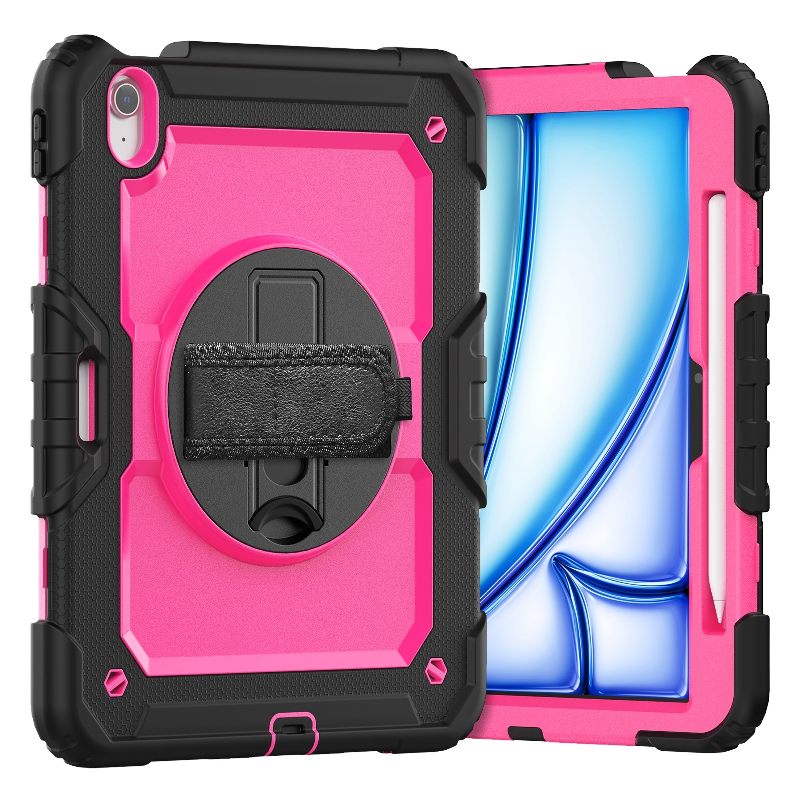 For iPad Air 11 2026 / 2025 / 2024 Turntable Holder Silicone Hybrid PC Tablet Case with Shoulder Strap(Rose Red + Black) - Shopkiz.com
