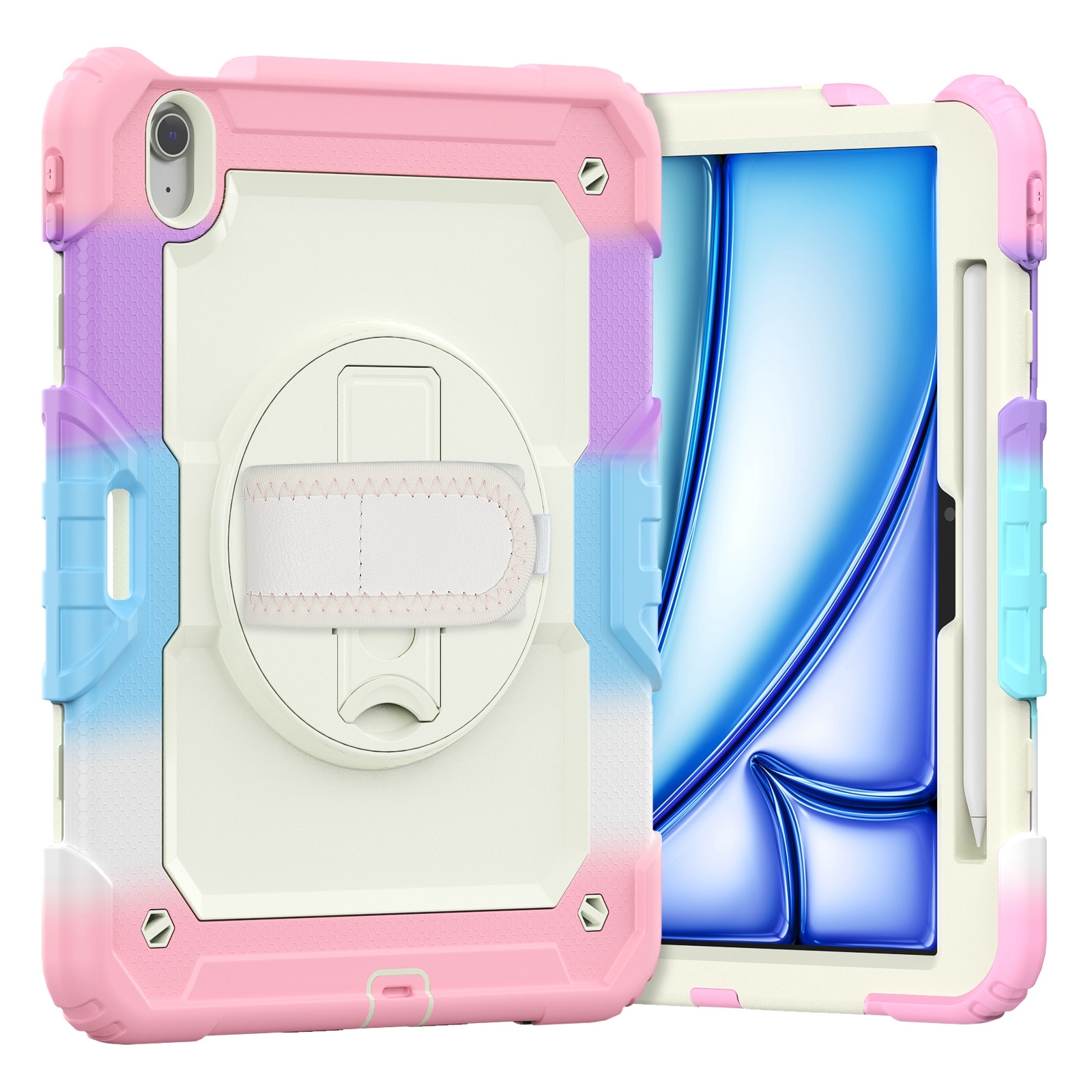 For iPad Air 11 2026 / 2025 / 2024 Turntable Holder Silicone Hybrid PC Tablet Case with Shoulder Strap(Camouflage Pink) - Shopkiz.com