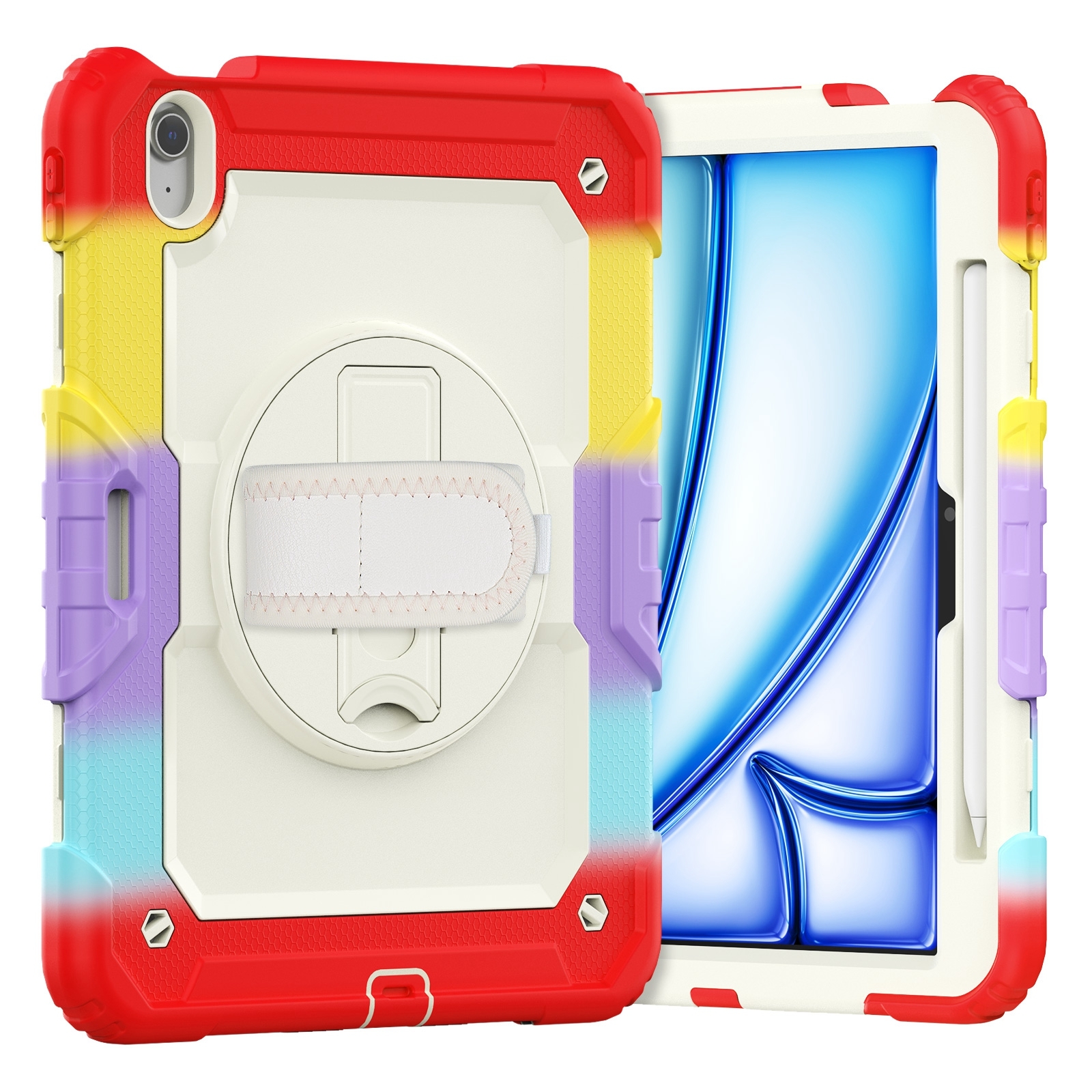 For iPad Air 11 2026 / 2025 / 2024 Turntable Holder Silicone Hybrid PC Tablet Case with Shoulder Strap(Camouflage Red) - Shopkiz.com