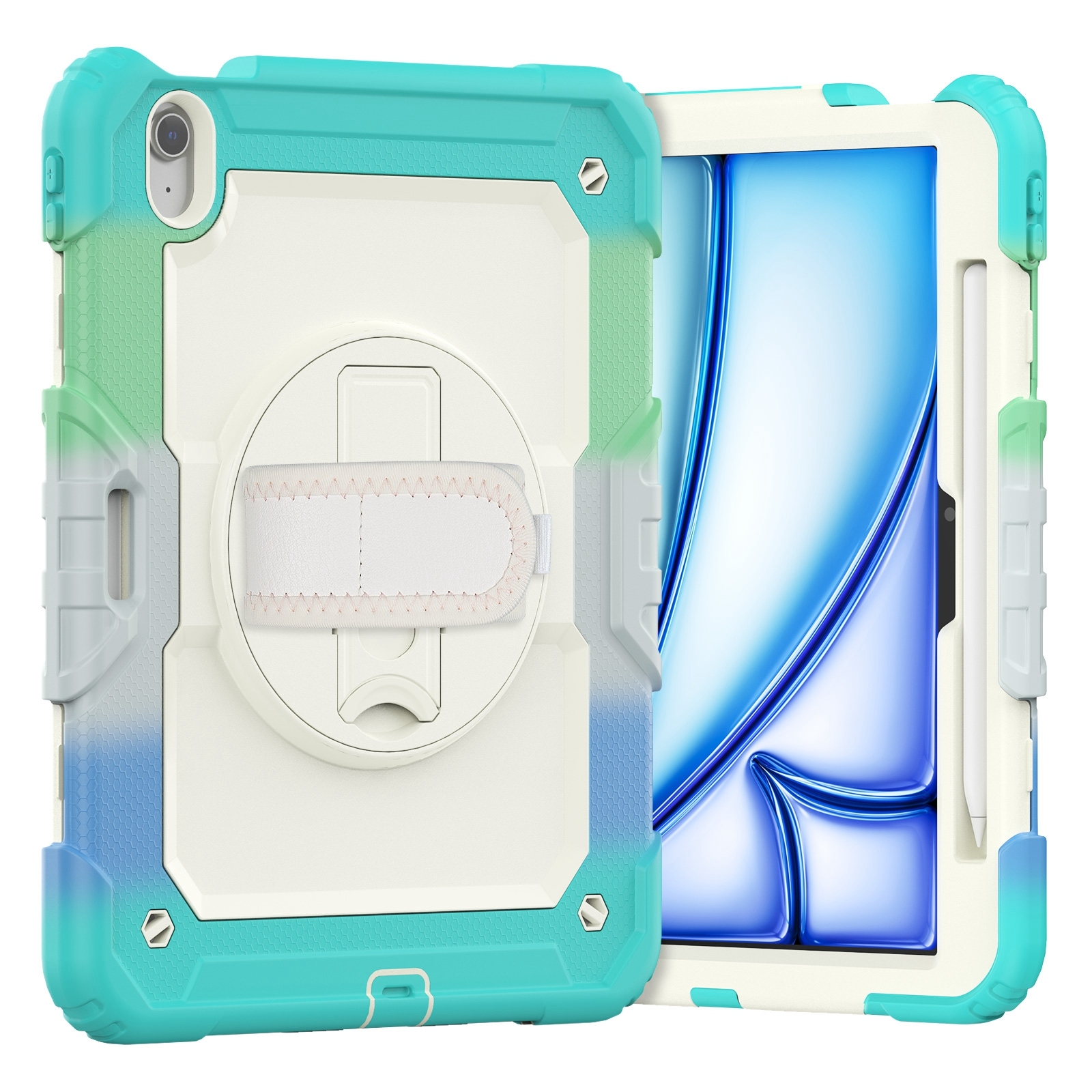 For iPad Air 11 2026 / 2025 / 2024 Turntable Holder Silicone Hybrid PC Tablet Case with Shoulder Strap(Camouflage Light Blue) - Shopkiz.com