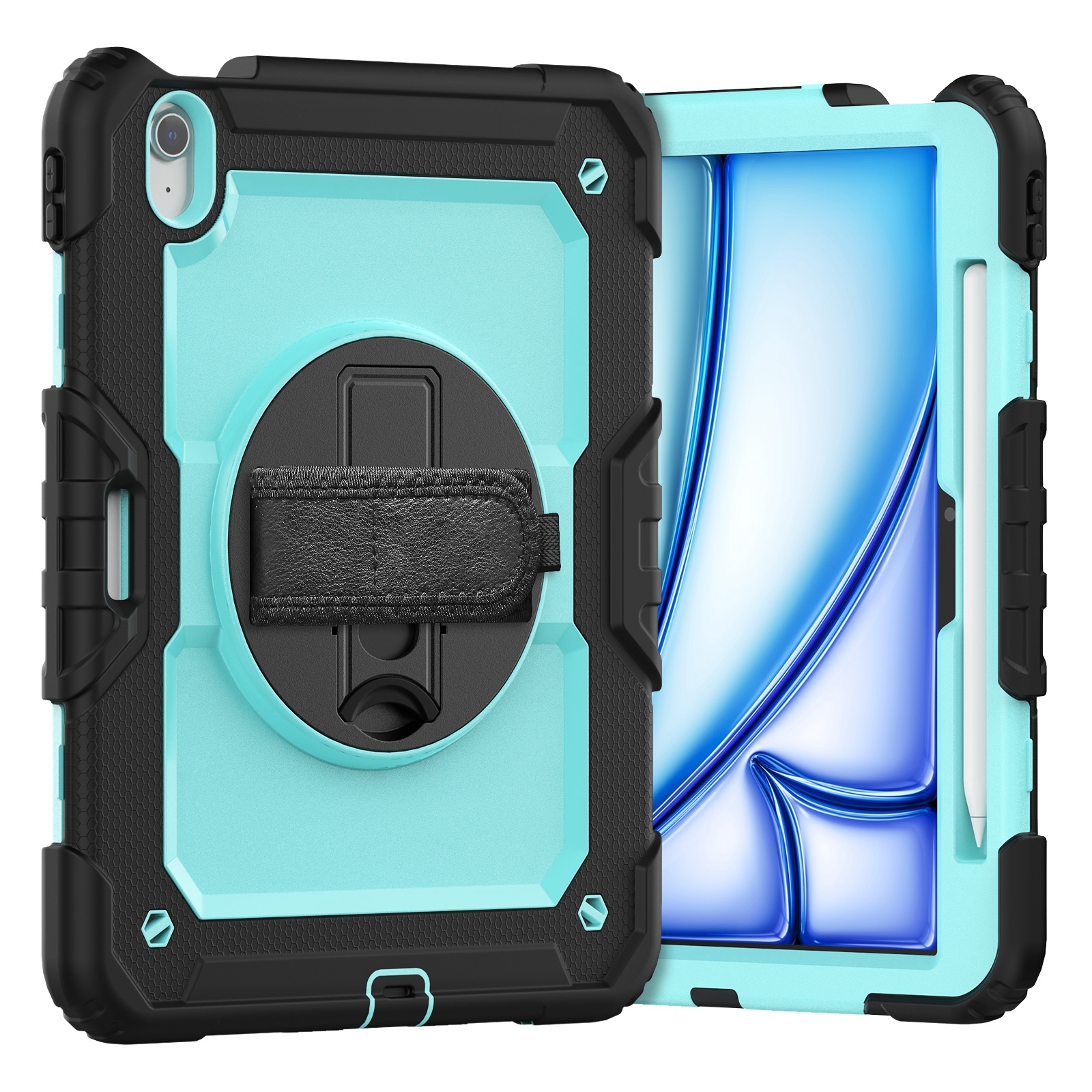 For iPad Air 11 2026 / 2025 / 2024 Turntable Holder Silicone Hybrid PC Tablet Case with Shoulder Strap(Black + Light Blue) - Shopkiz.com