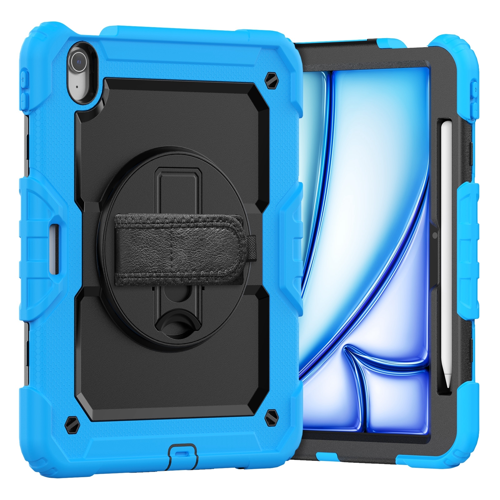 For iPad Air 11 2026 / 2025 / 2024 Turntable Holder Silicone Hybrid PC Tablet Case with Shoulder Strap(Light Blue + Black) - Shopkiz.com
