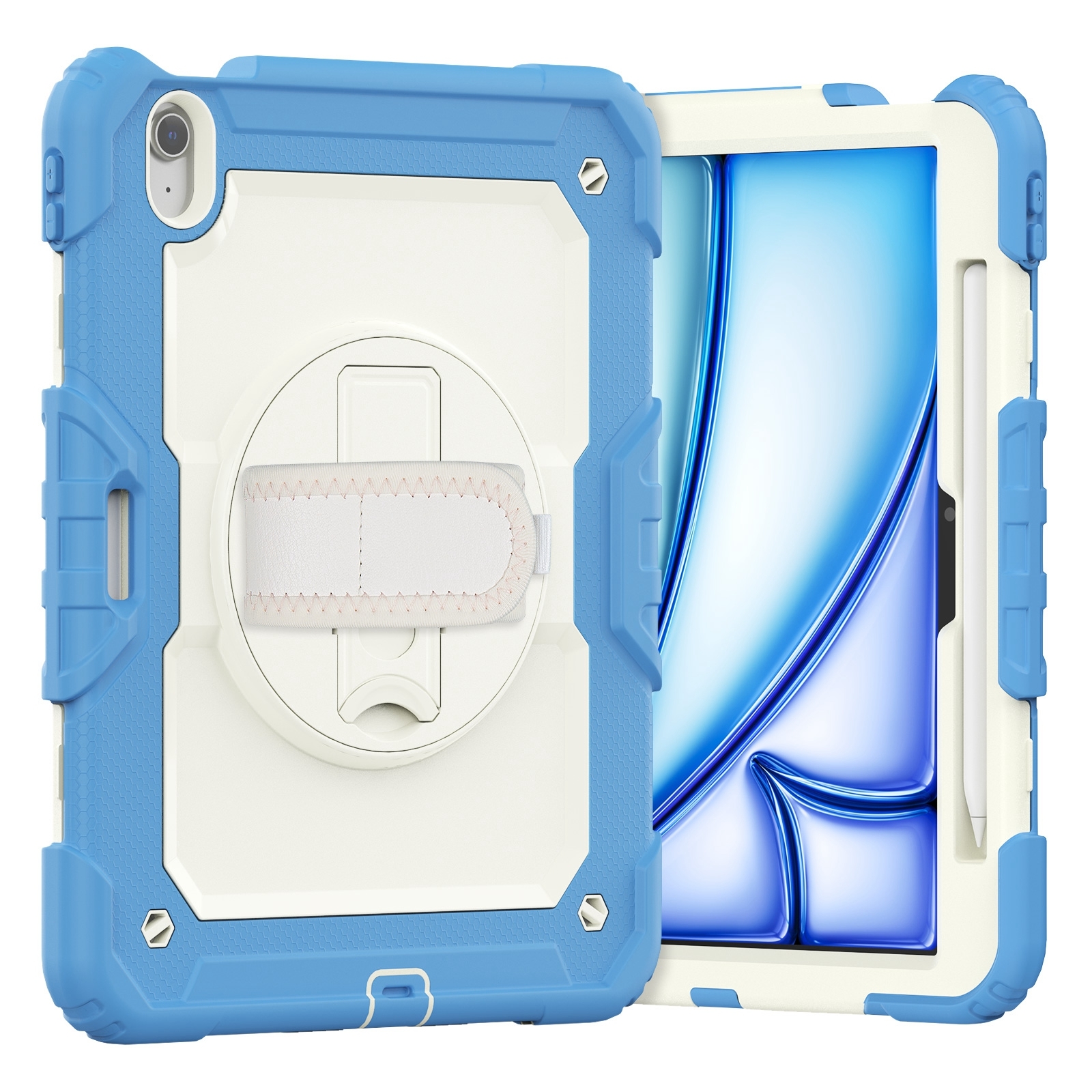 For iPad Air 11 2026 / 2025 / 2024 Turntable Holder Silicone Hybrid PC Tablet Case with Shoulder Strap(Beige + Cyan-blue) - Shopkiz.com