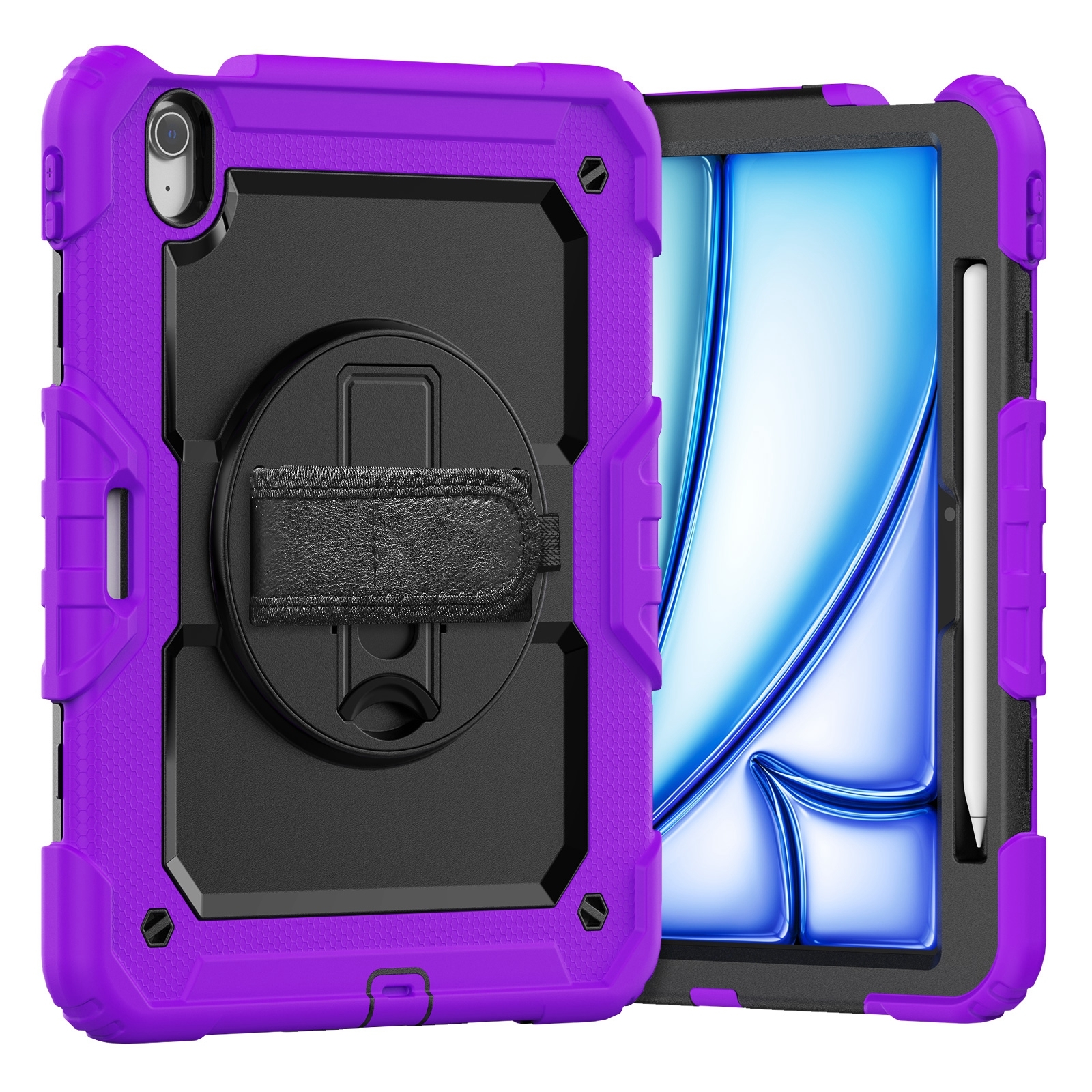 For iPad Air 11 2026 / 2025 / 2024 Turntable Holder Silicone Hybrid PC Tablet Case with Shoulder Strap(Purple) - Shopkiz.com