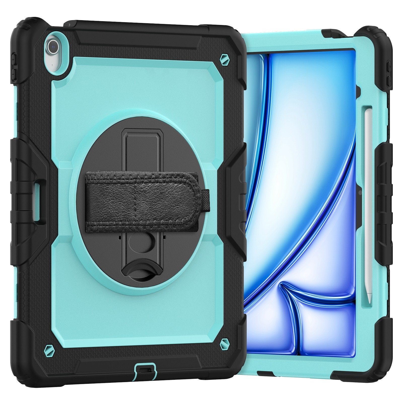 For iPad Air 13 2026 / 2025 / 2024 Turntable Holder Silicone Hybrid PC Tablet Case with Shoulder Strap(Light Blue + Black) - Shopkiz.com