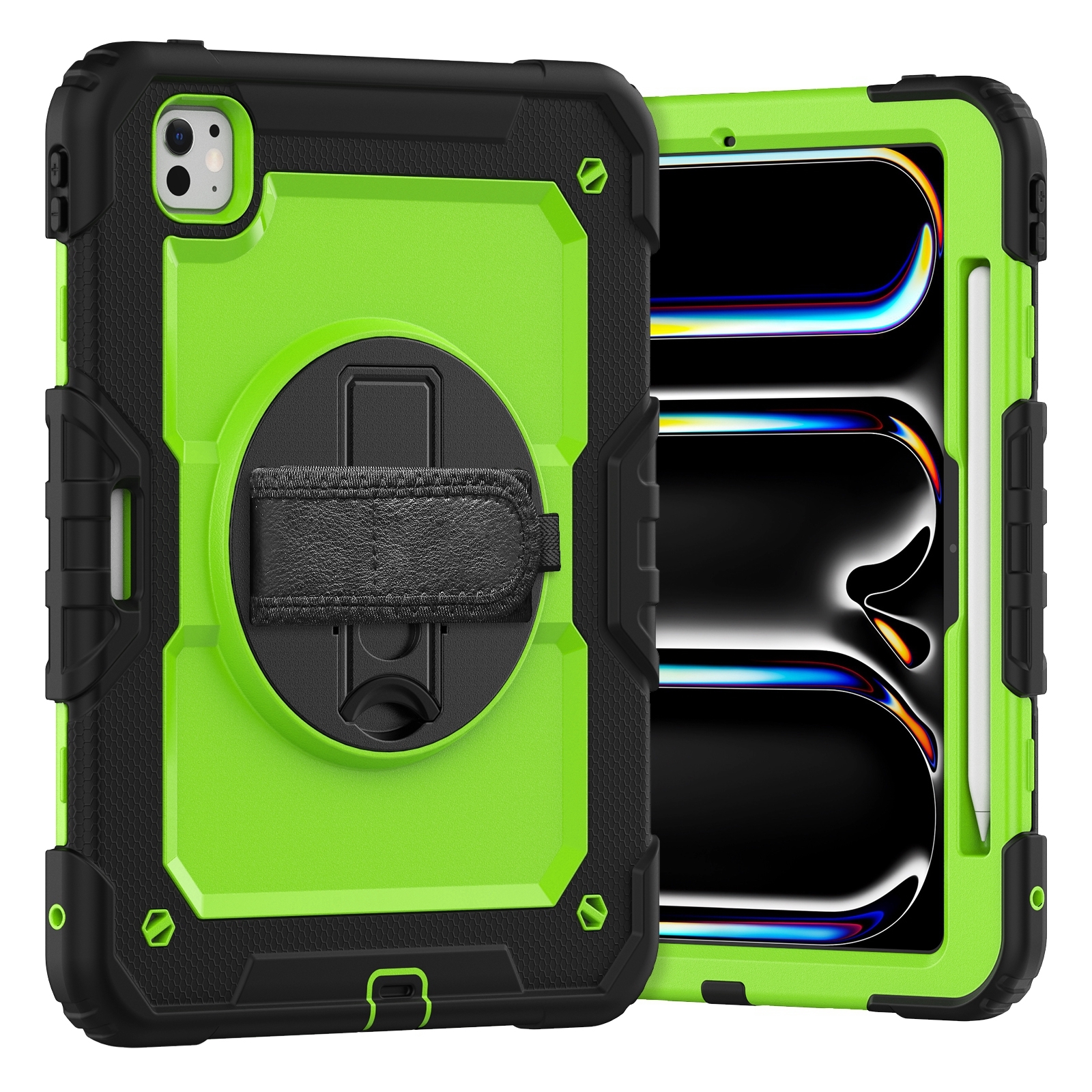 For iPad Pro 11 2025 / 2024 Silicone Hybrid PC Tablet Case with Shoulder Strap(Yellow Green + Black) - Shopkiz.com