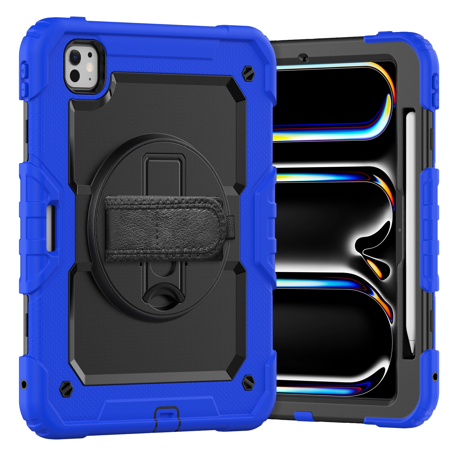 For iPad Pro 11 2025 / 2024 Silicone Hybrid PC Tablet Case with Shoulder Strap(Black + Dark Blue) - Shopkiz.com