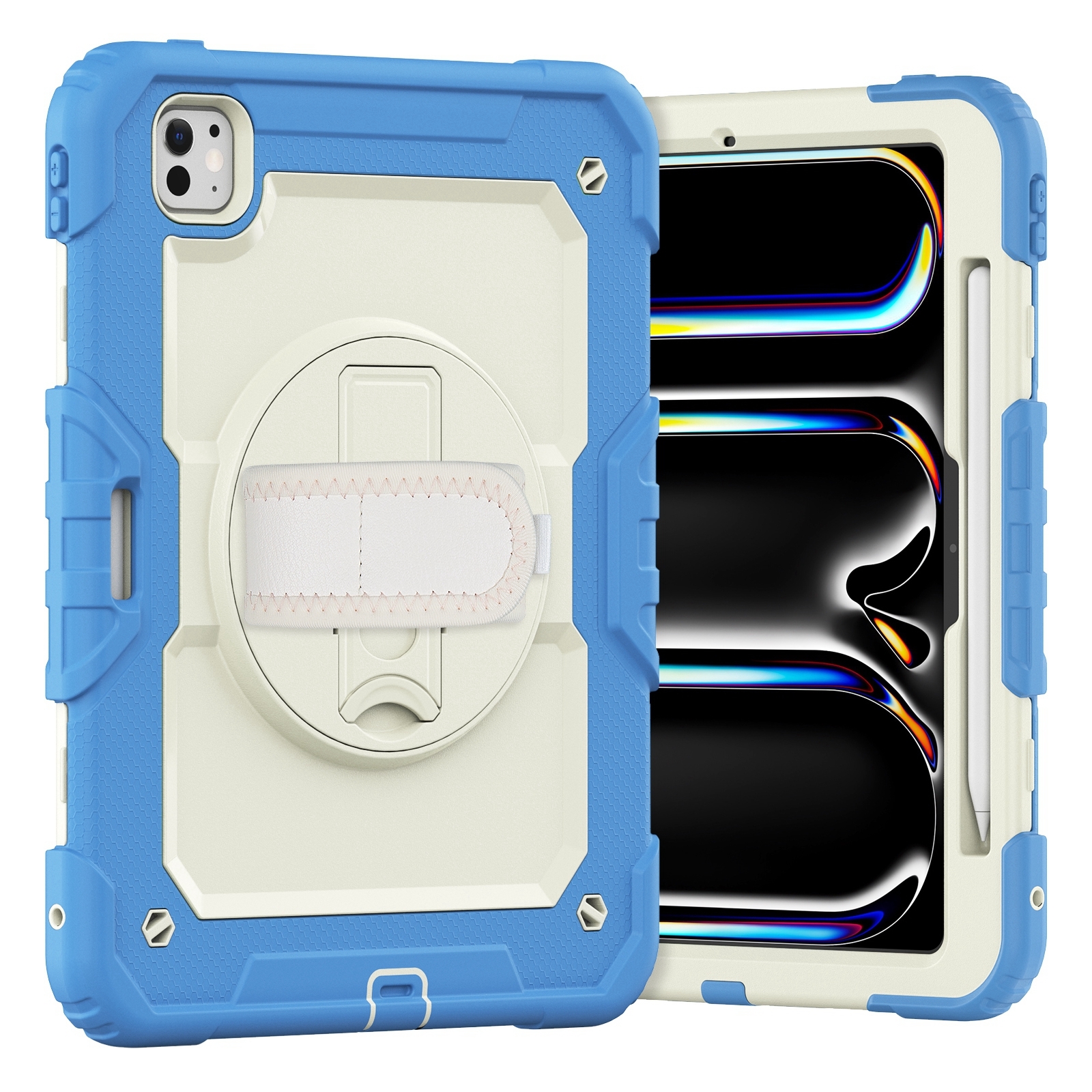 For iPad Pro 11 2025 / 2024 Silicone Hybrid PC Tablet Case with Shoulder Strap(Beige + Cyan-blue) - Shopkiz.com