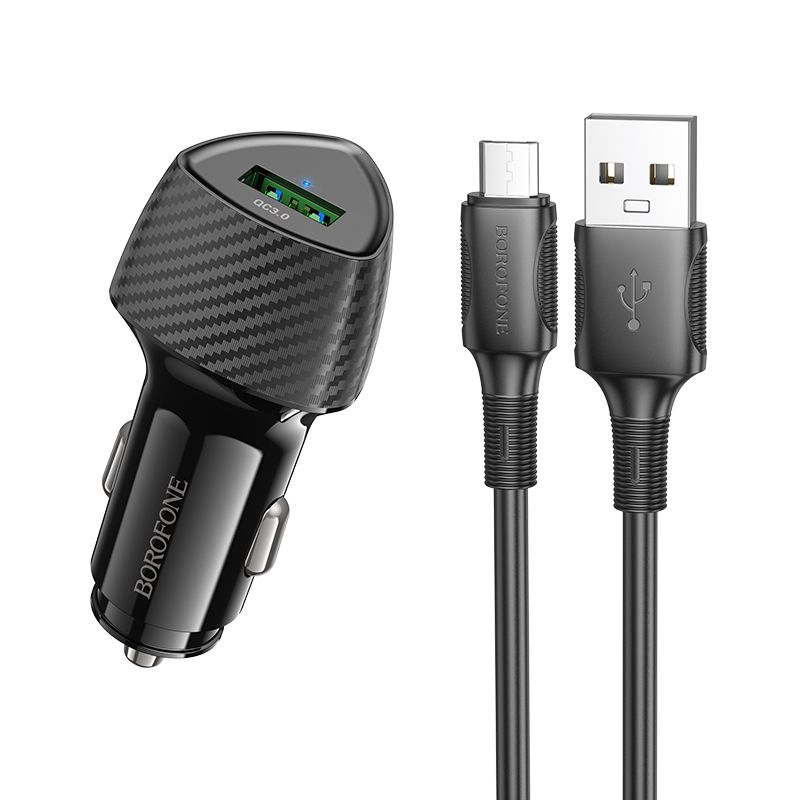 BOROFONE BZ31 Solid Single QC3.0 Car Charger Set with USB to Micro USB Cable(Black) - Shopkiz.com