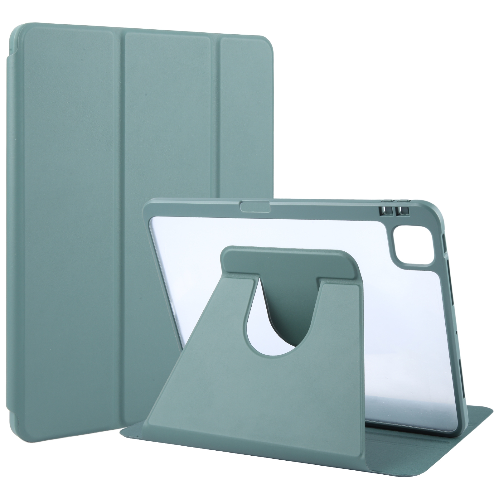For iPad Pro 12.9 2022 / 2021 / 2020 GEBEI Acrylic TPU 3-folding Rotating Smart Tablet Leather Case withh Pen Slot(Dark Green) - Shopkiz.com