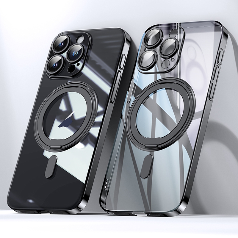 For iPhone 15 Pro Plating PC 360 Ring Holder Magsafe Phone Case(Clear Black) - Shopkiz.com